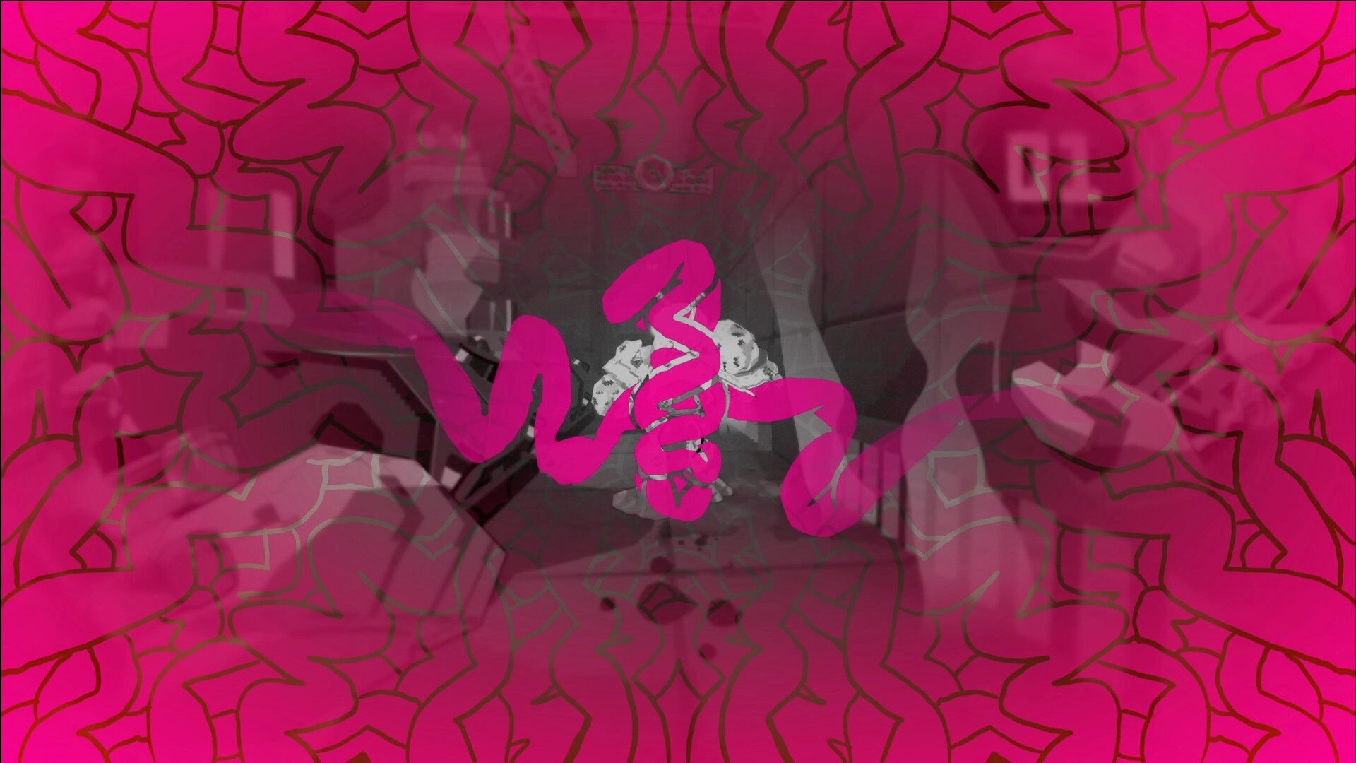 TIL THEY CROAK: Pink kaleidoscope overlay with coiled worm graphic over a blurred room scene.