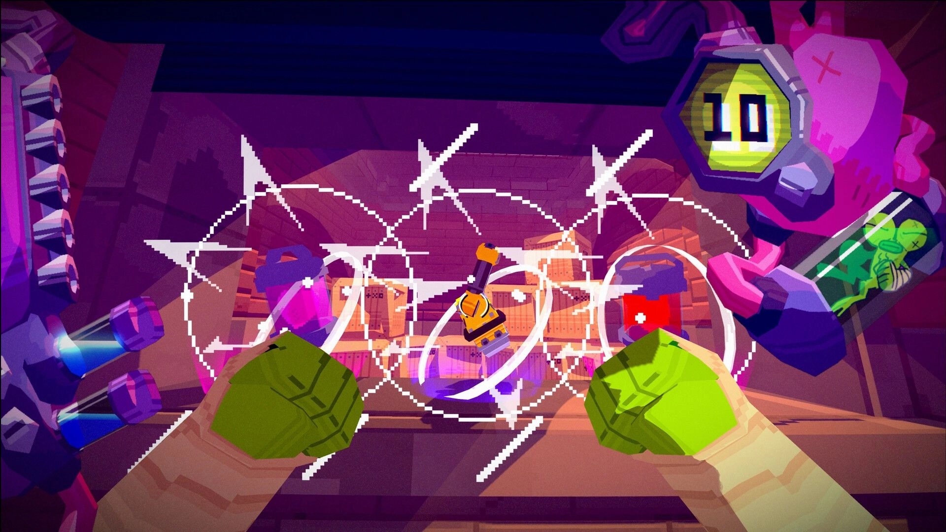 TIL THEY CROAK: First-person fists swing at enemies in neon room, combo meter reads 10 at top right.