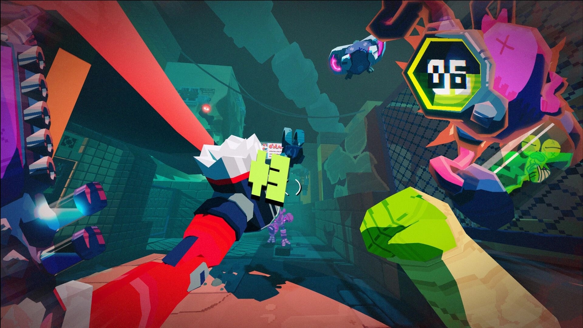 TIL THEY CROAK: First-person punchout with green glove and combo counter in neon sewer corridor.