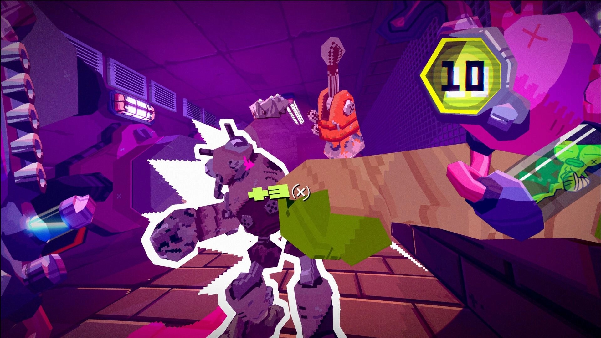 TIL THEY CROAK: Punching a robot enemy as +3 prompt appears in a purple-lit sci-fi room HUD shows 10.