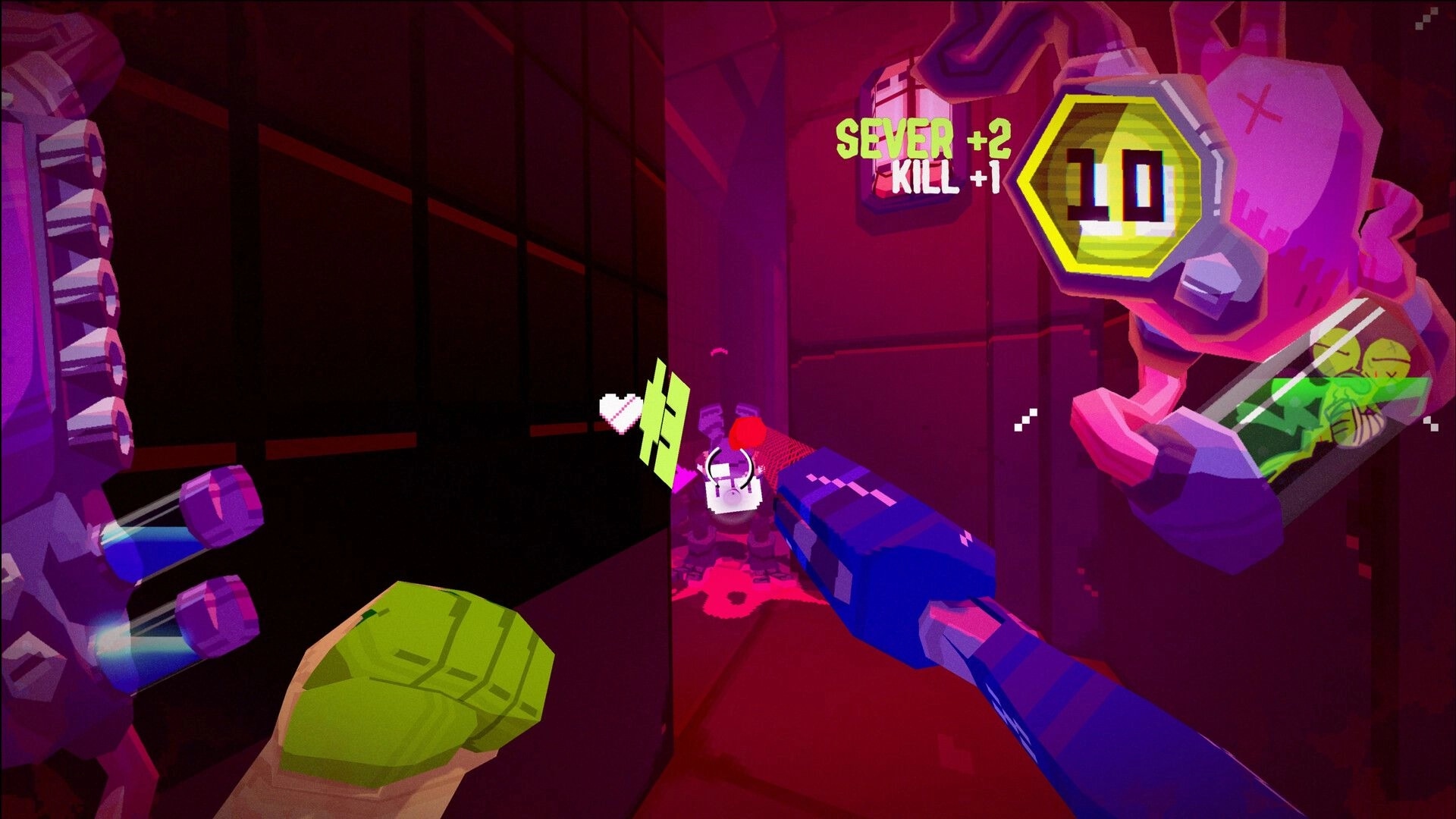 TIL THEY CROAK: First-person punch downs a foe as SEVER +2 and KILL +1 pop up in neon hall.