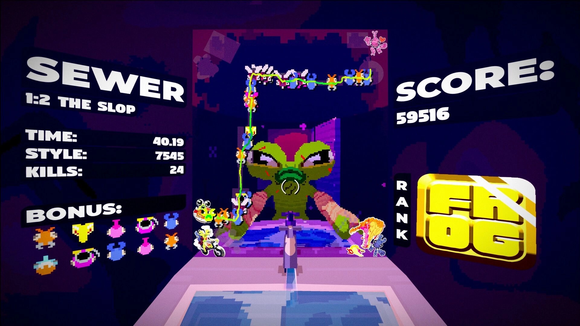 TIL THEY CROAK: Sewer 1-2 results screen with time, style, kills, score, rank and bonus icons displayed.