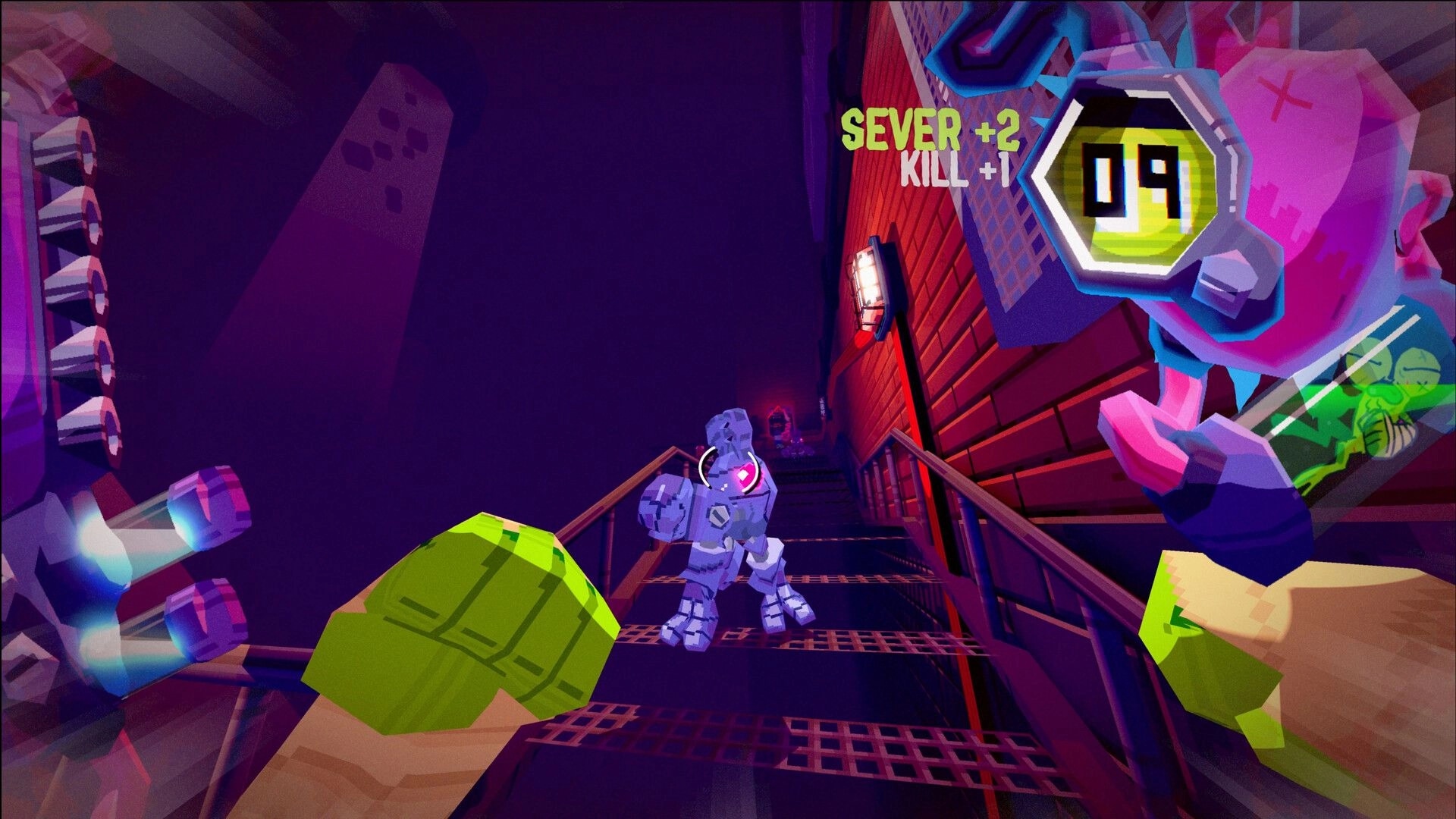 TIL THEY CROAK: First-person fists brawling a robot on metal stairs in neon industrial hallway UI score popups.