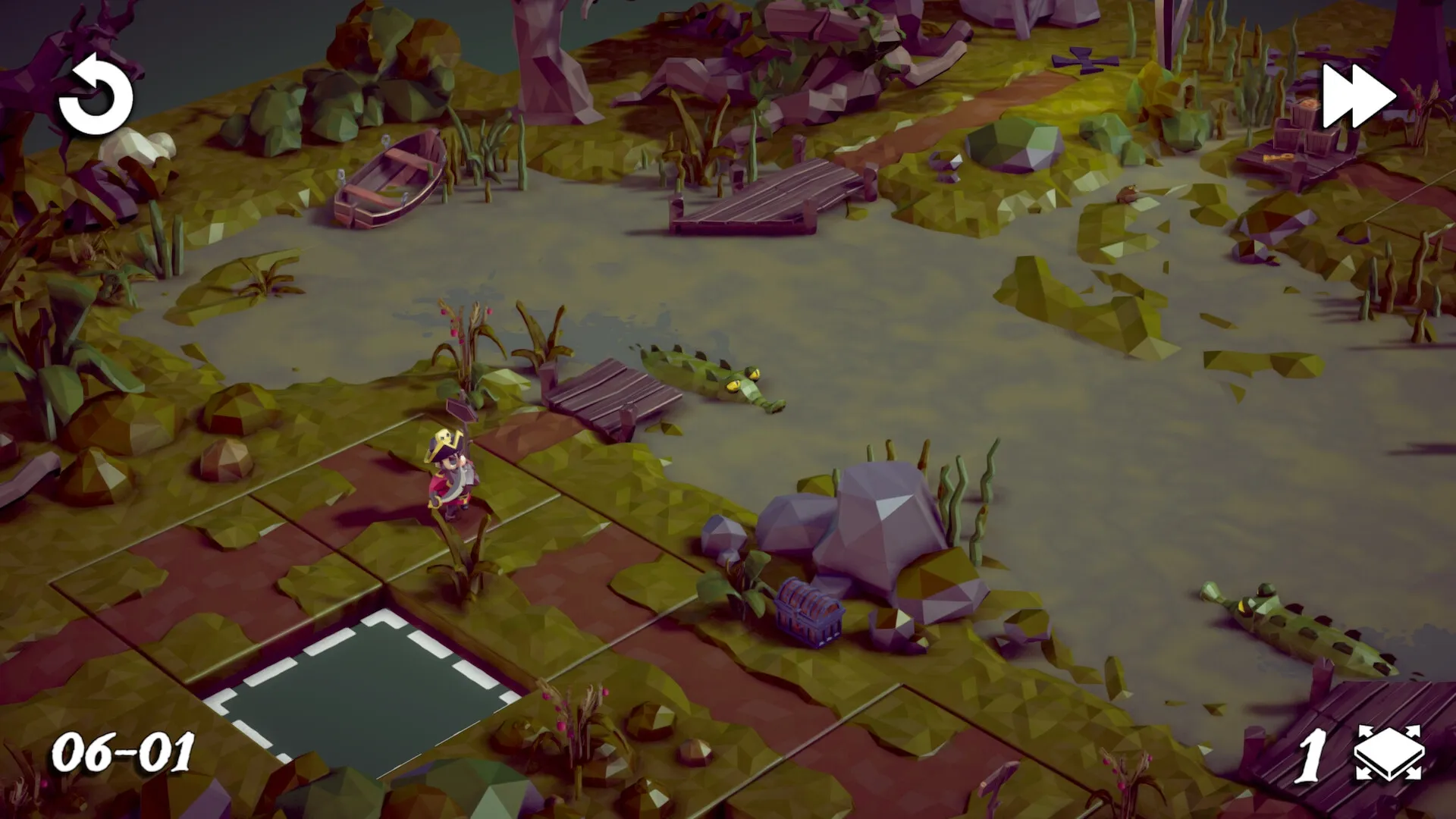 Tile Tales: Pirate navigates swampy island tiles avoiding crocodiles, with a treasure chest nearby.