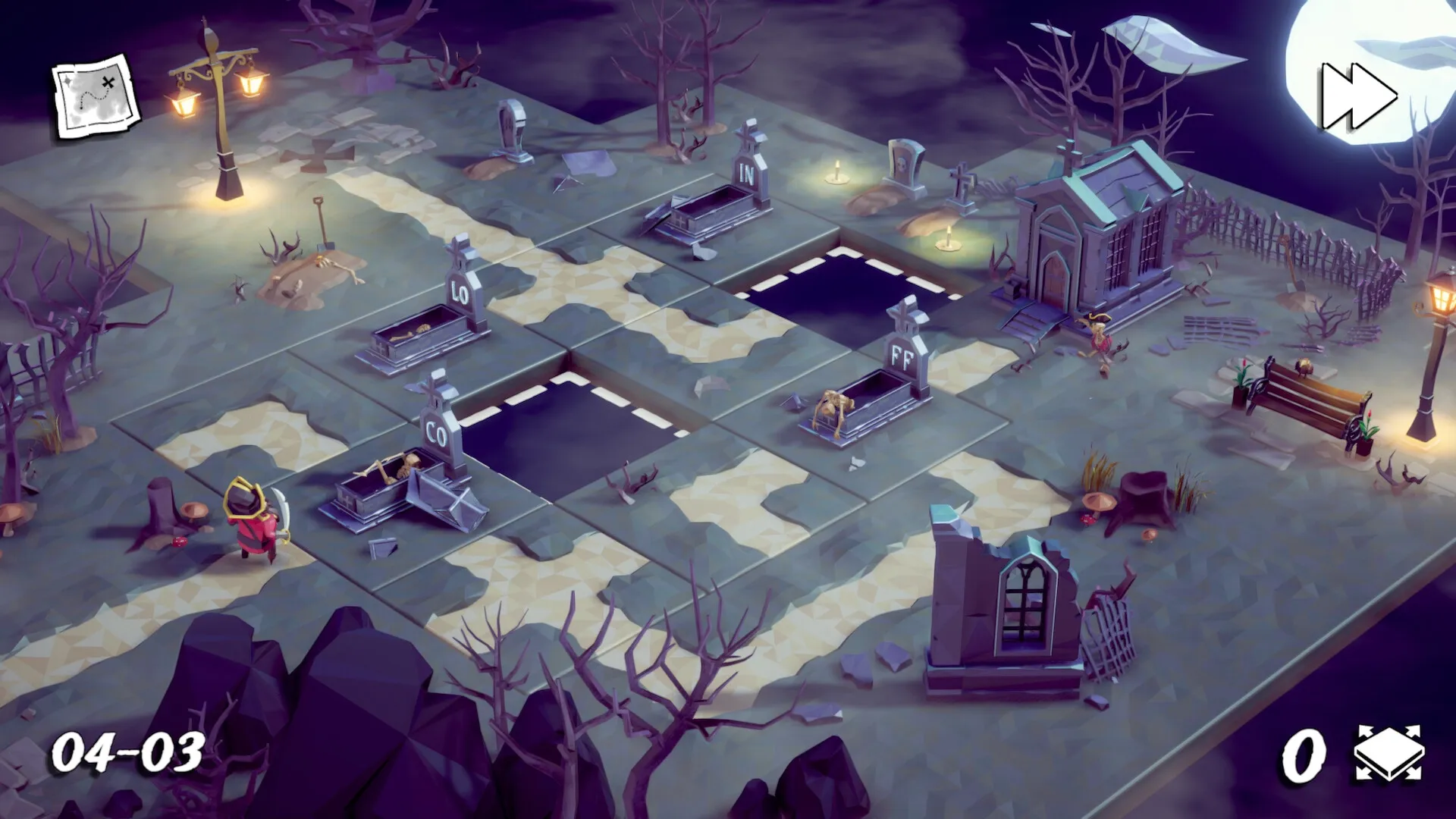 Tile Tales: Pirate exploring haunted graveyard with open coffins and eerie moonlit atmosphere