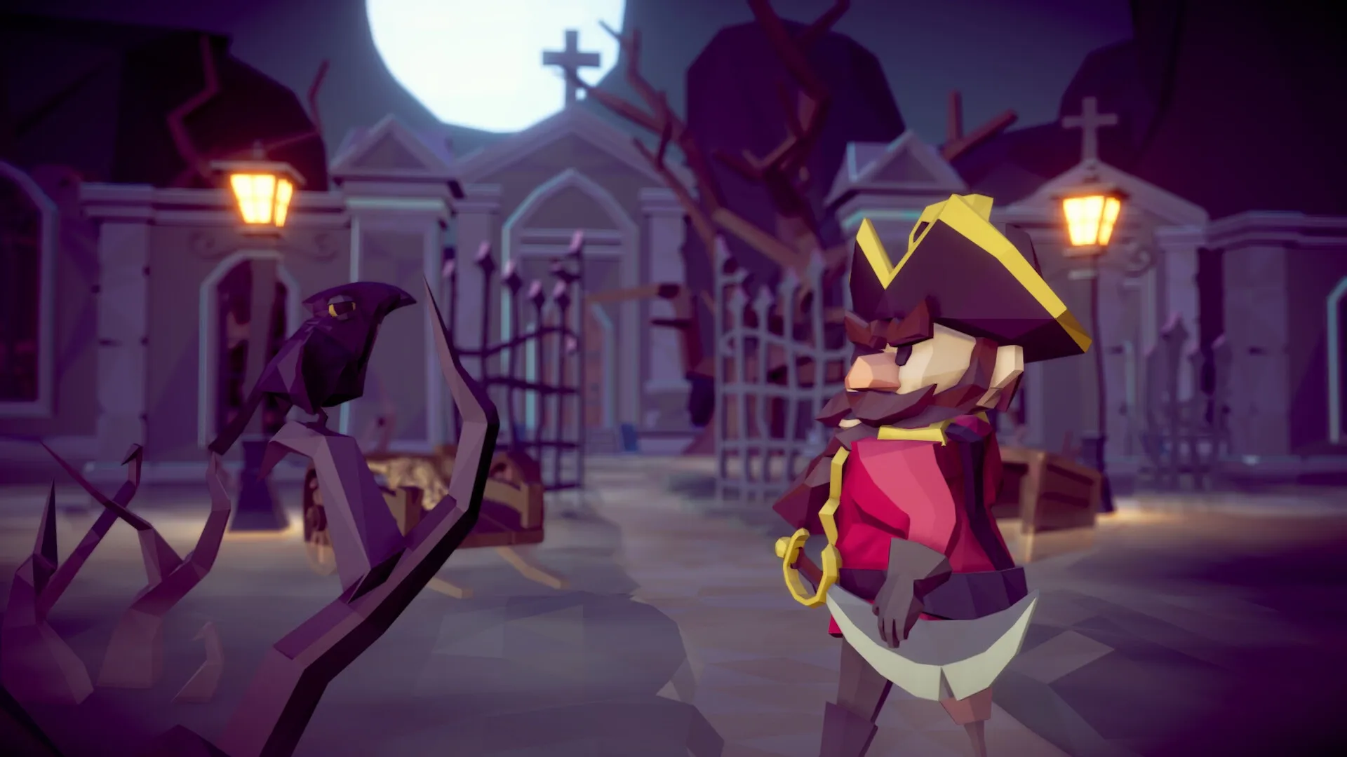 Tile Tales: Pirate encounters a raven in a spooky graveyard under moonlight