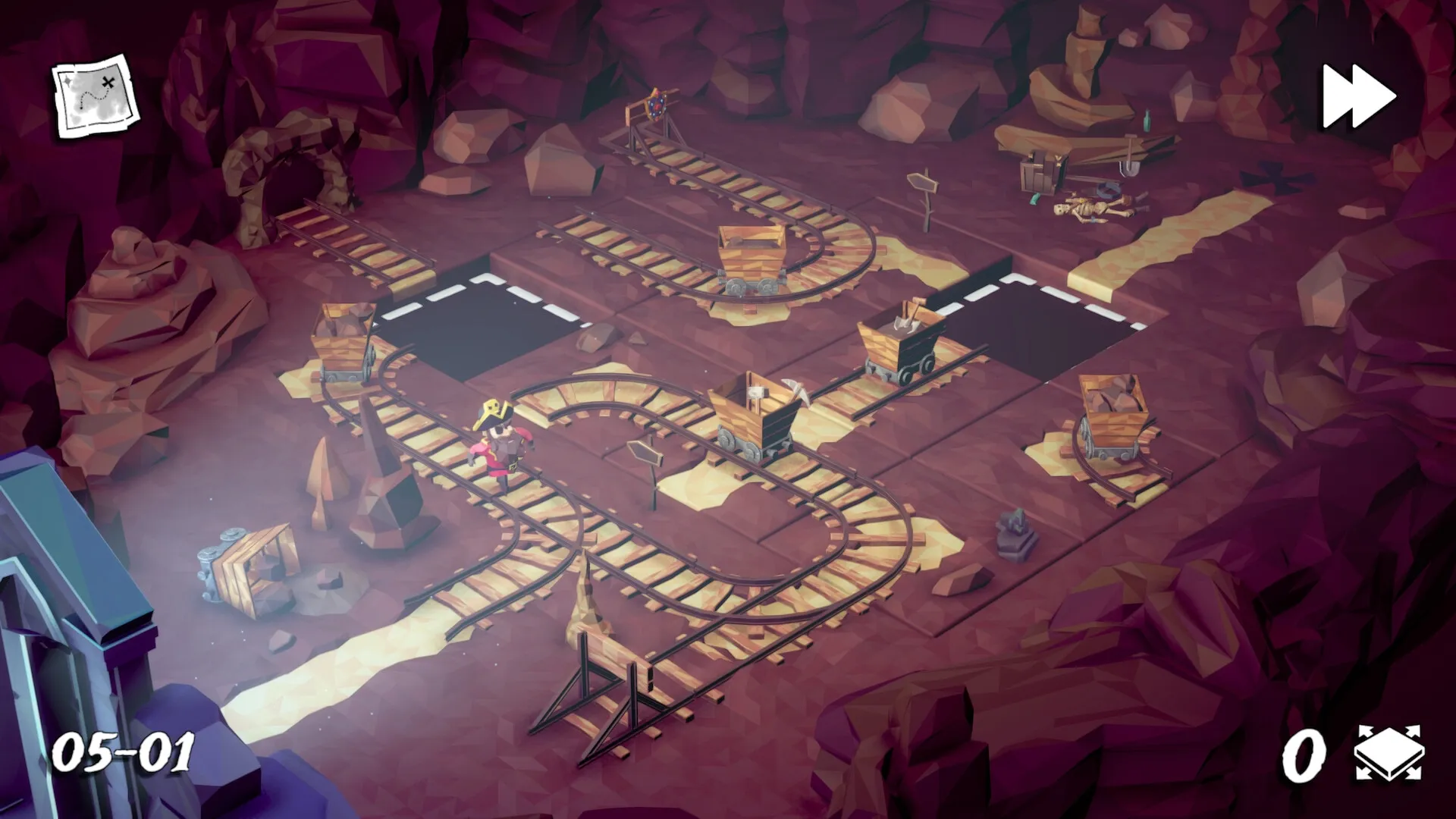 Tile Tales: Pirate navigating minecart tracks in a rocky cavern with scattered crates and skeletons