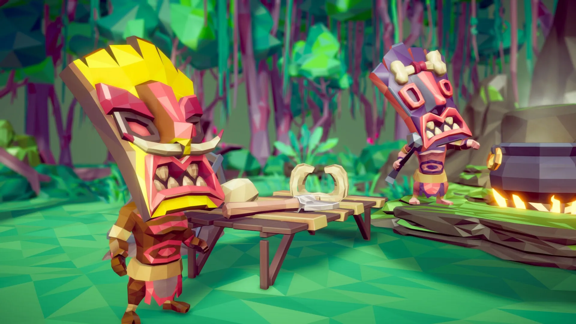 Tile Tales: Two tiki mask characters crafting potions in a vibrant jungle environment with campfire.