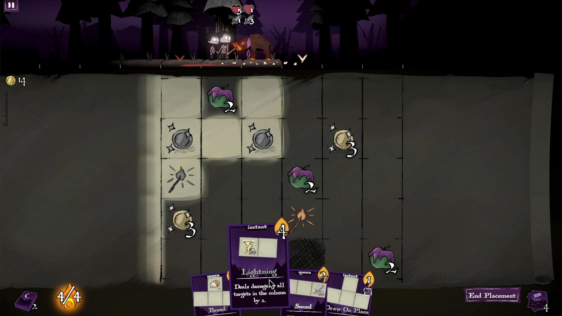 Tiles of Grimmwoods: Characters face boar enemy atop grid with strategic card options displayed below