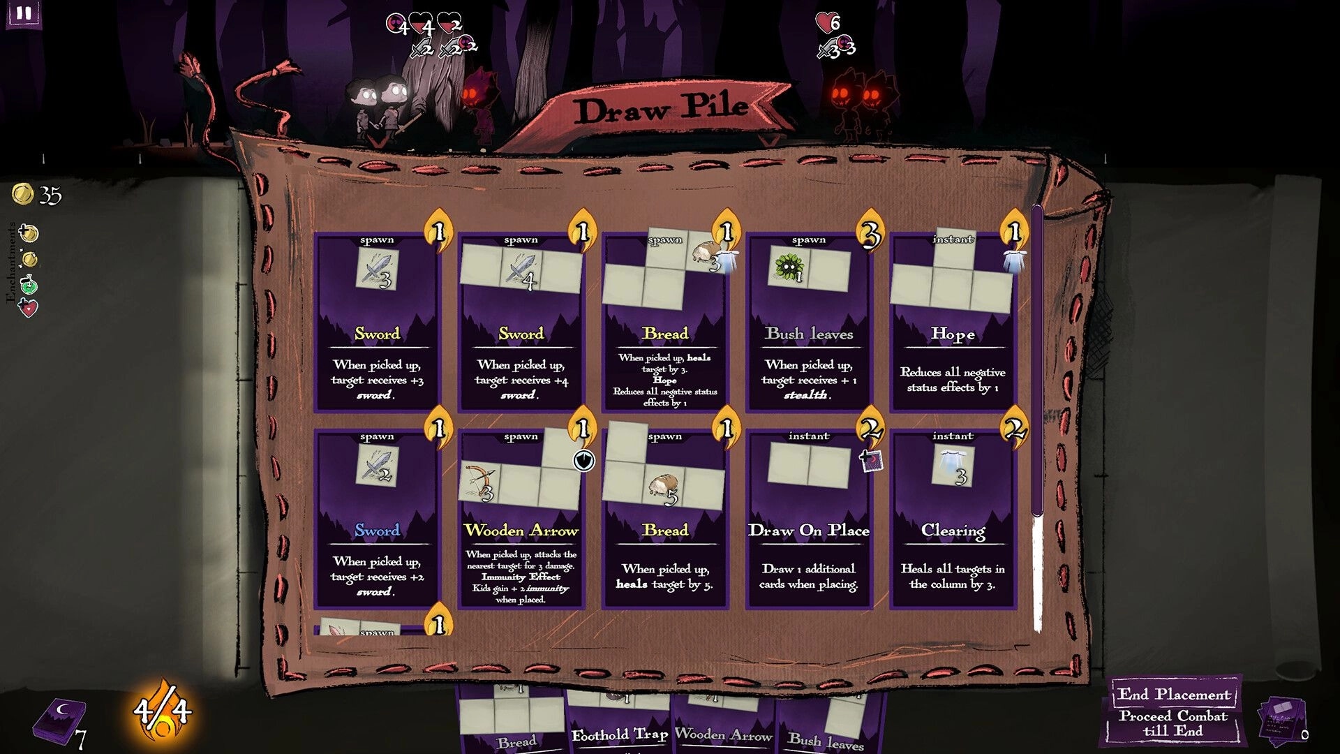 Tiles of Grimmwoods: Draw pile screen with various cards like Sword, Bread, and Hope in dark forest.