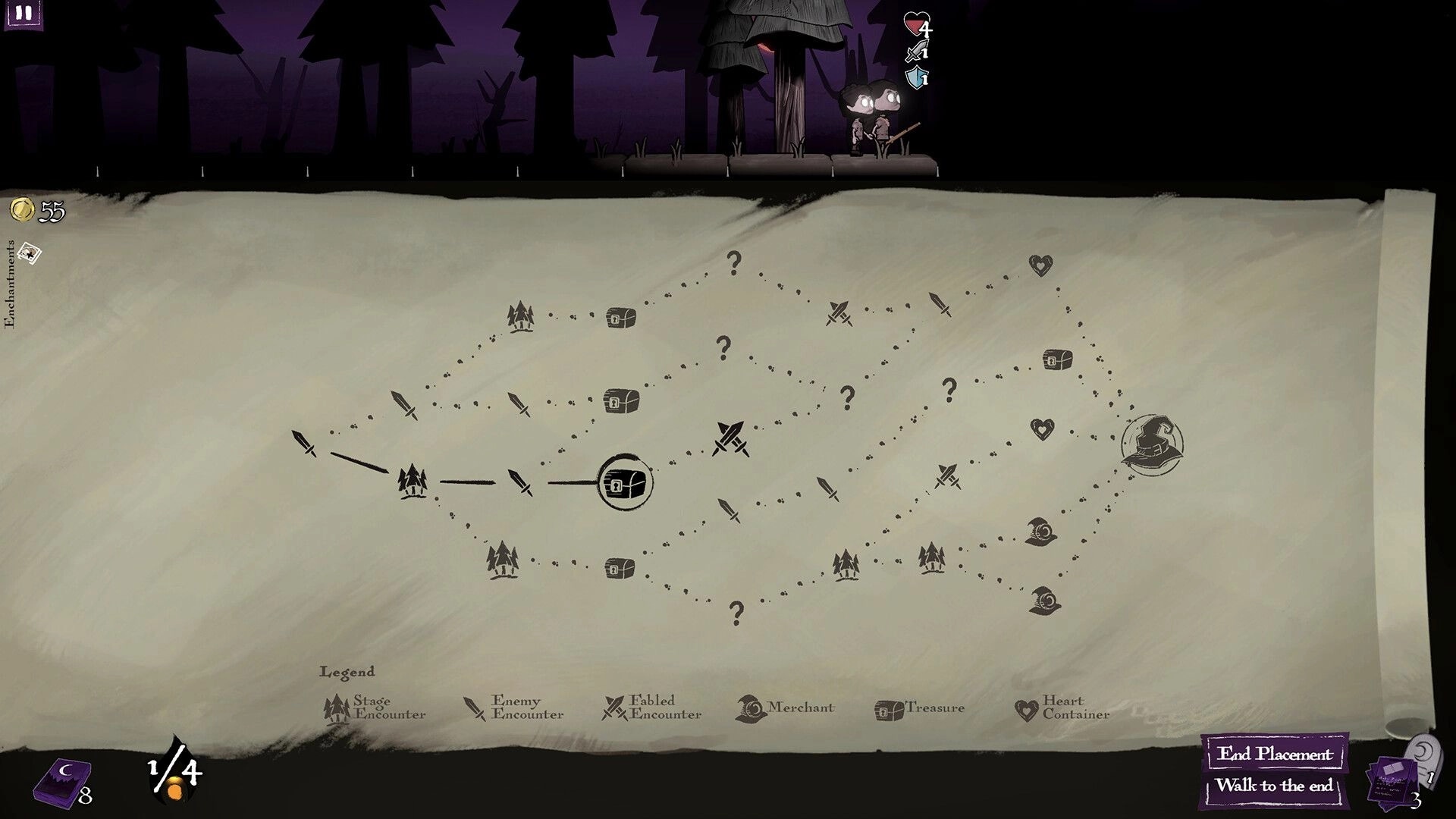 Tiles of Grimmwoods: Strategic map view with character icons, paths, and various encounter symbols