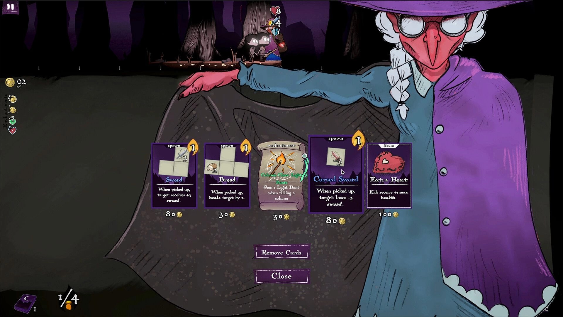 Tiles of Grimmwoods: Witch character presenting card selection menu in a dark forest setting
