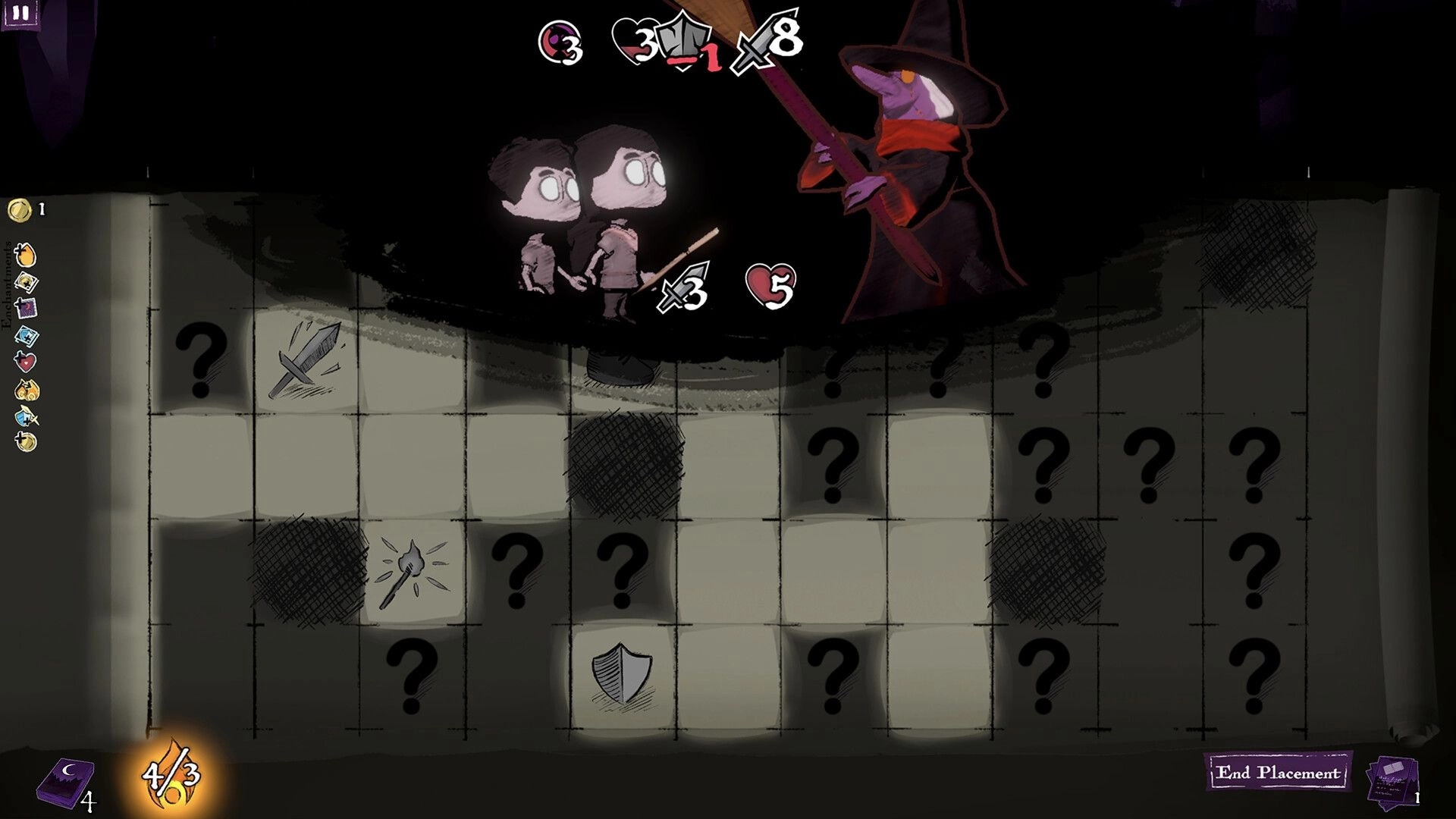 Tiles of Grimmwoods: Two kids face off against a witch in a grid-based combat with UI elements visible.