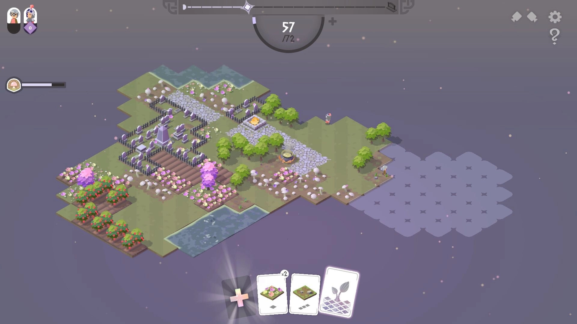 TileShire: Tile-laying town view with graveyard and farms, card hand UI and 57/72 progress meter.