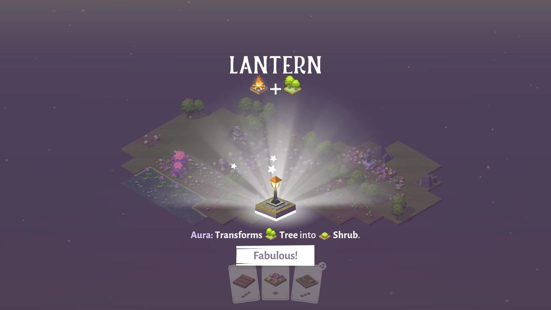 TileShire: Lantern tile unlocks with glowing aura over island map, crafting popup and cards below.
