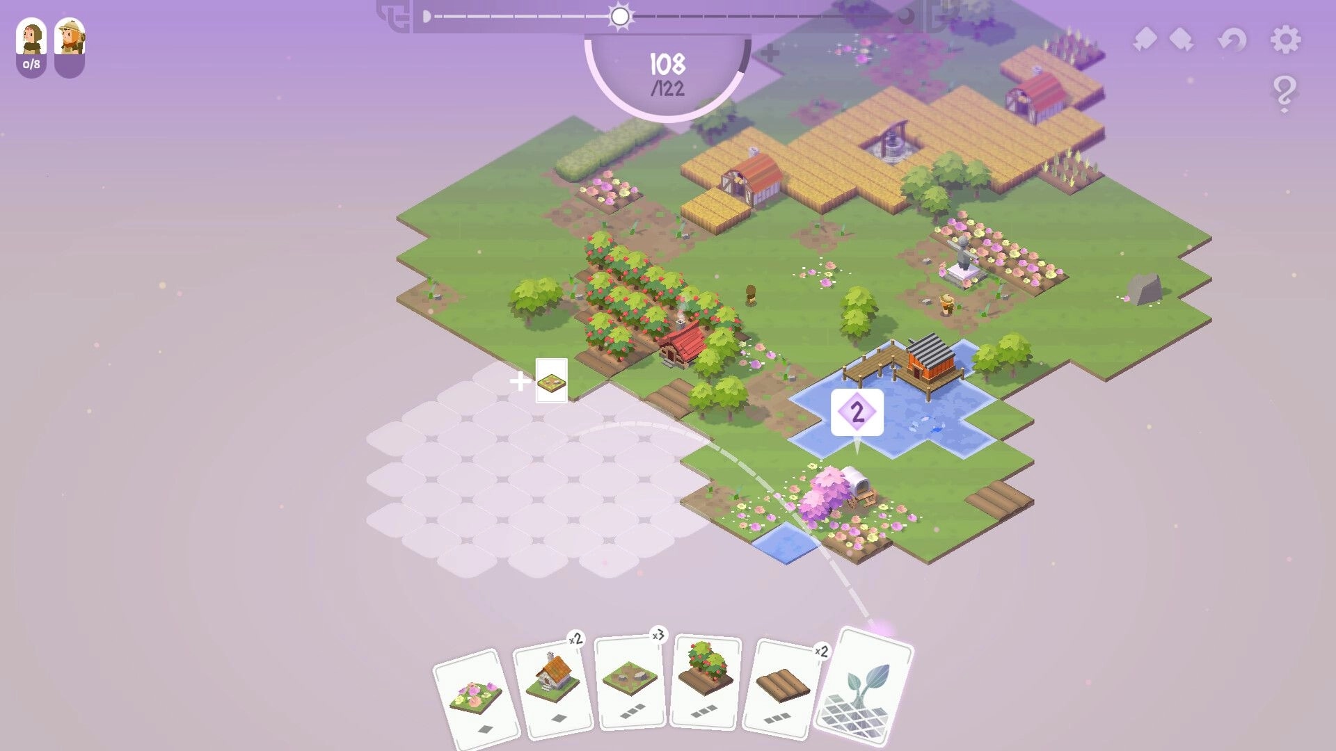 TileShire: Tile placement view with farms, orchards, pond dock, and card hand at bottom UI.