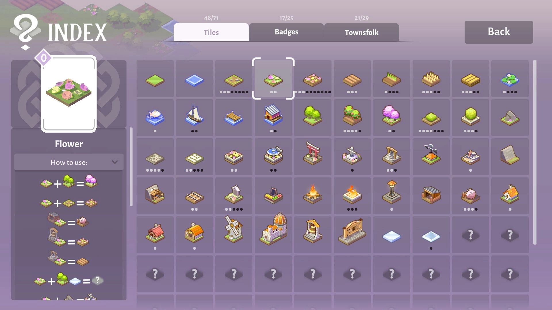 TileShire: Index menu open on Tiles, Flower tile selected with crafting combos and grid icons.