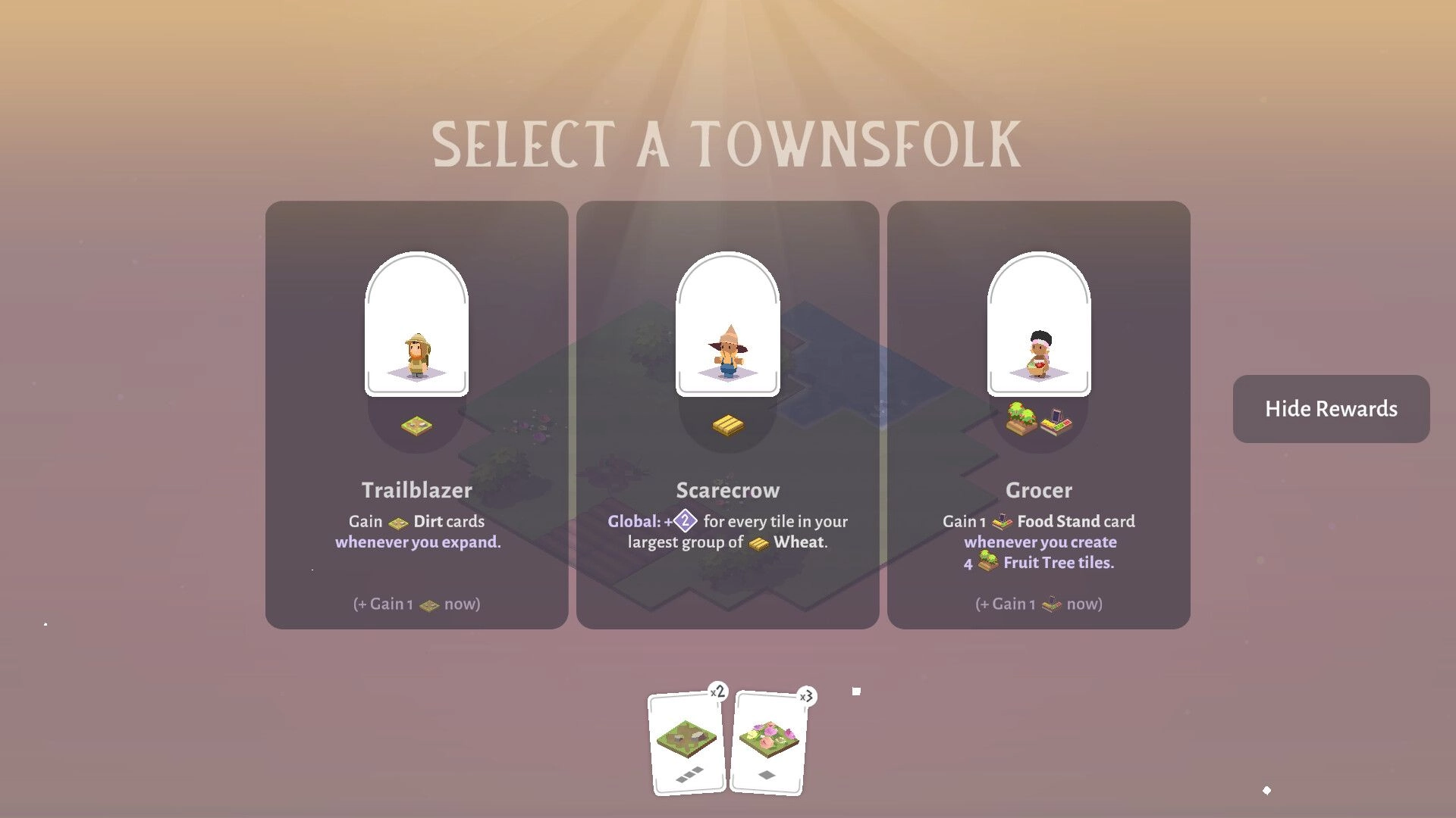 TileShire: Townsfolk selection UI with Trailblazer, Scarecrow, Grocer cards over blurred map tiles.