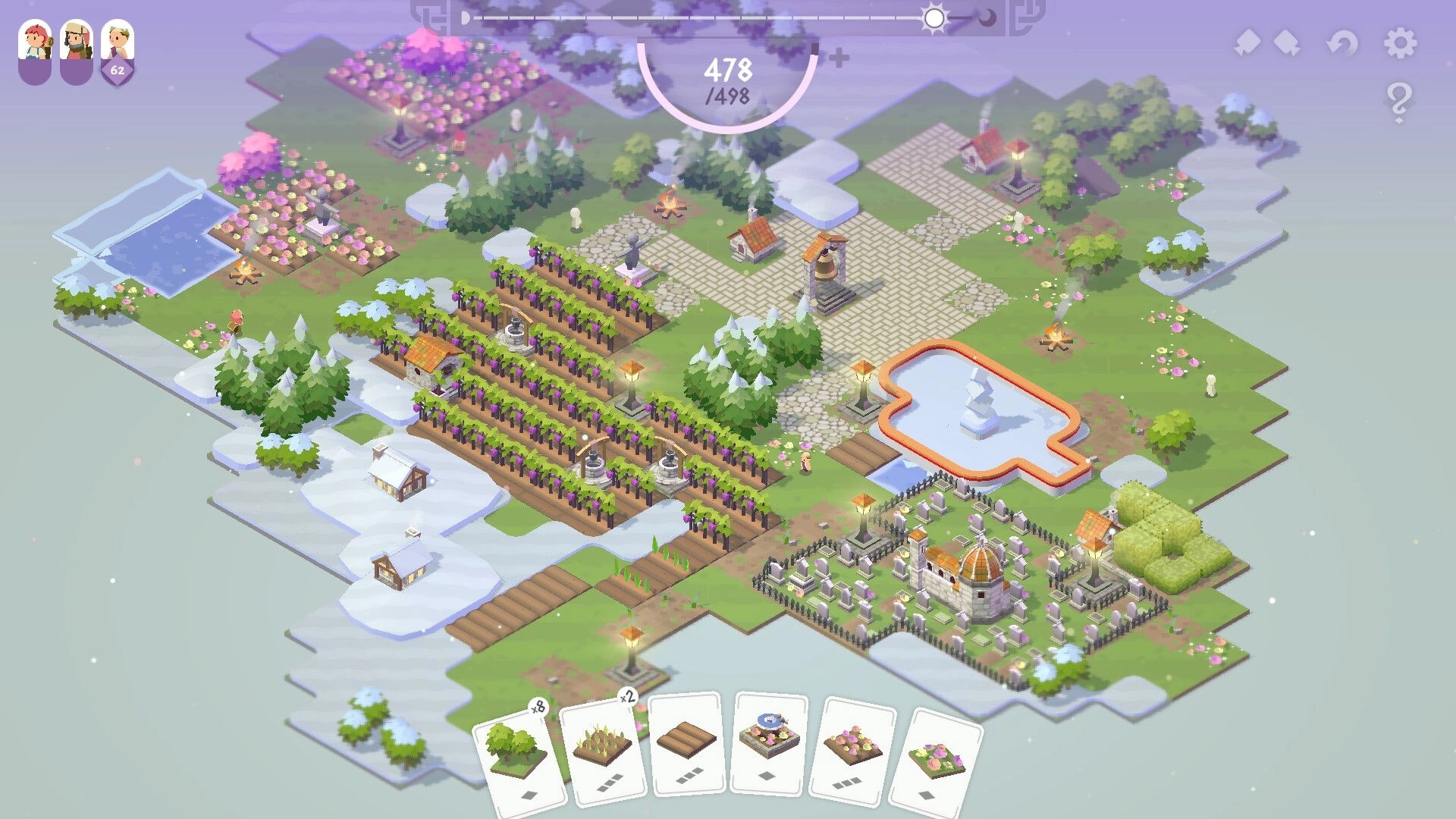 TileShire: Town tile map with vineyards, pond and graveyard, plus tile hand and score UI overhead.