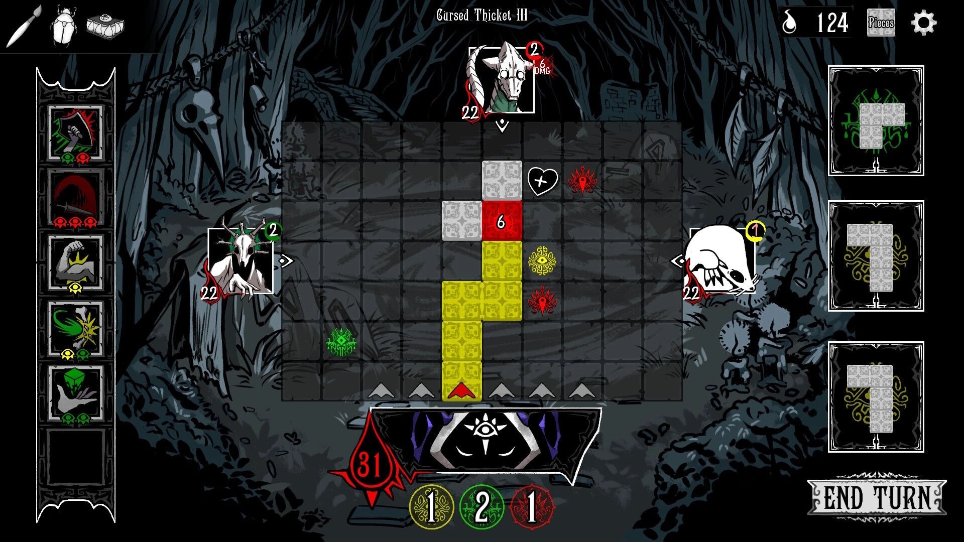 Tileweaver: Combat with monsters on a grid board in a dark forest setting, character abilities shown.