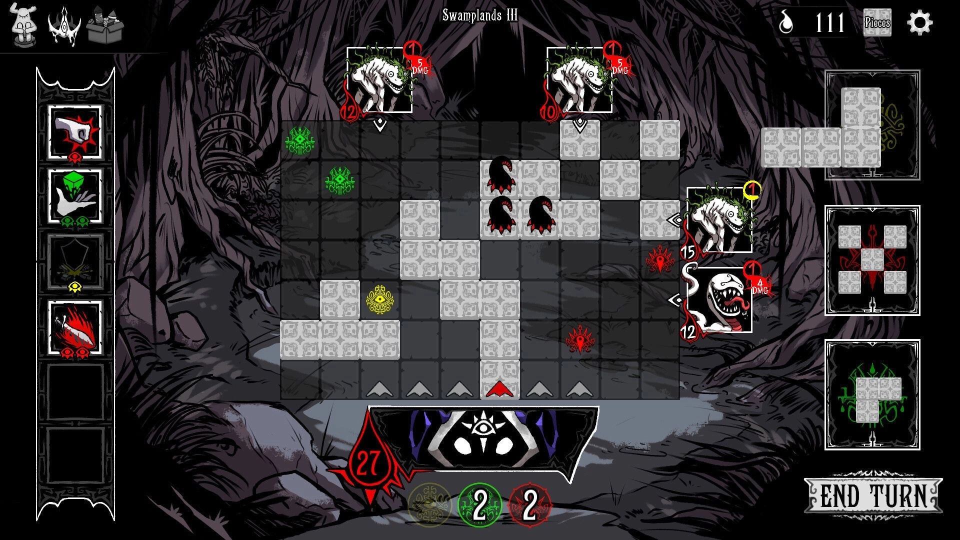 Tileweaver: Strategic tile placement and combat against monsters in a dark, eerie swamp environment.