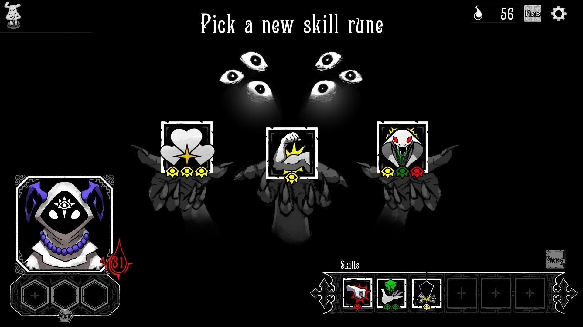 Tileweaver: Skill rune selection screen with three choices and eerie eyes in a dark void setting