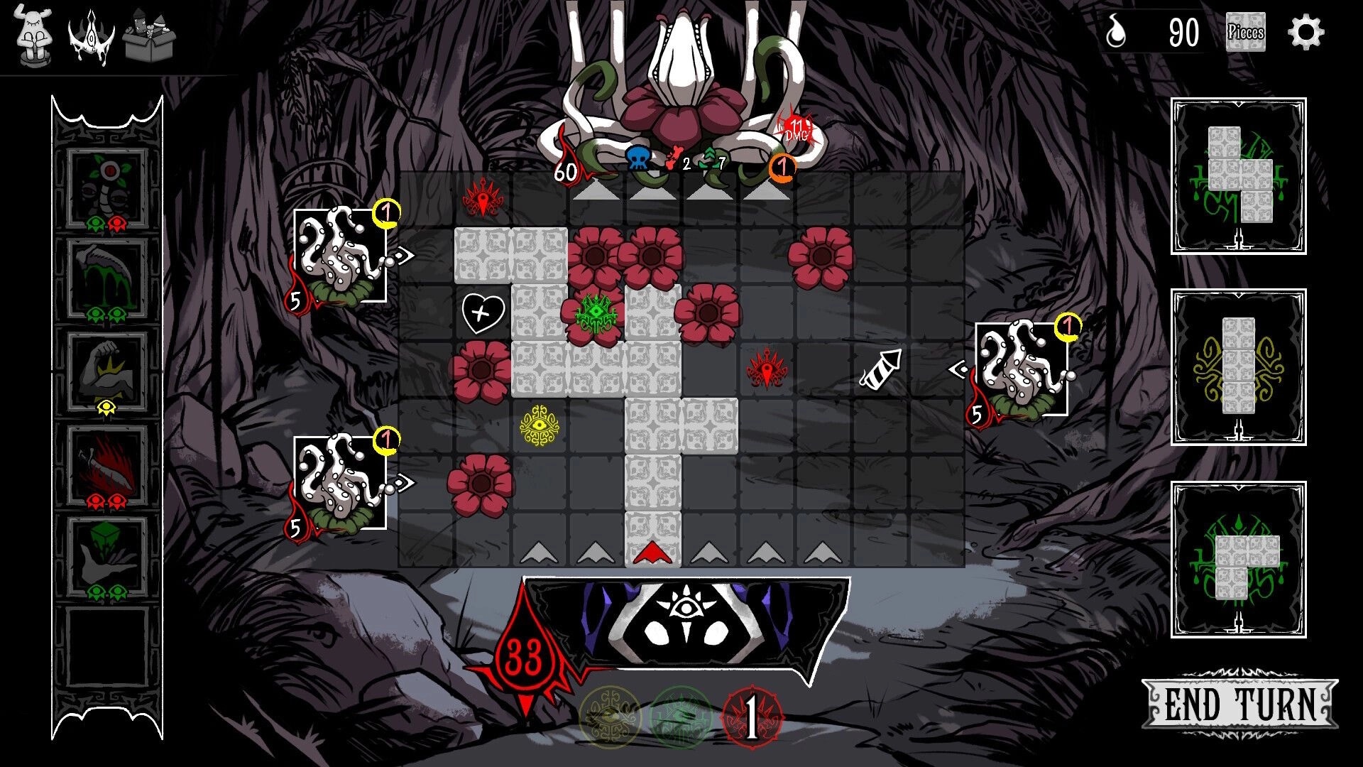 Tileweaver: Strategic board placement with tentacled monsters in a dark, ominous forest setting.