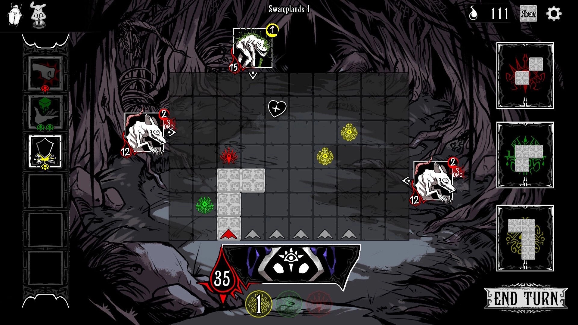 Tileweaver: Strategic tile placement and enemy combat in dark forest environment with UI elements visible