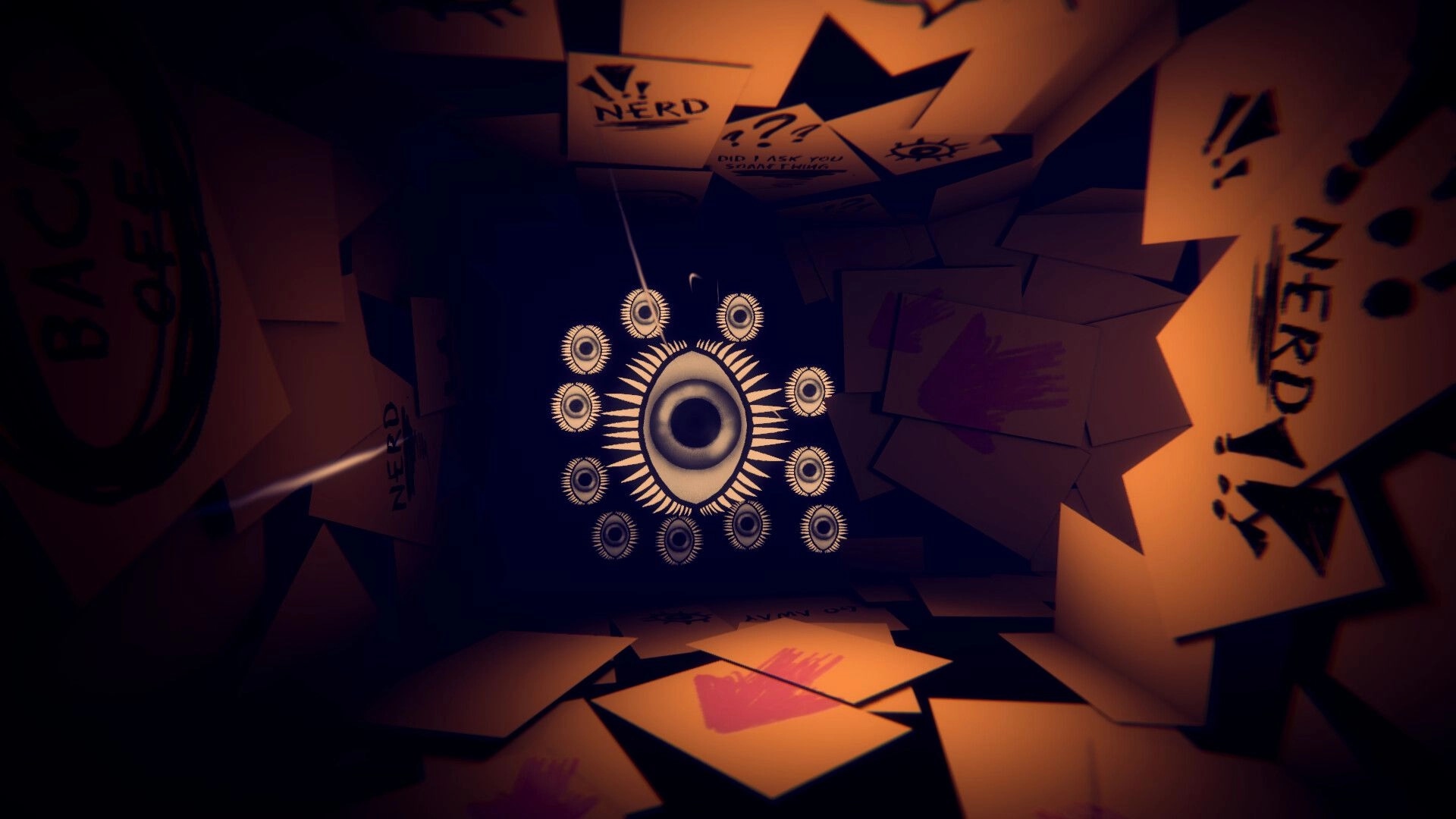 Time To Wake Up: Floating eye symbol with smaller eyes in a dark corridor of scattered papers and notes.