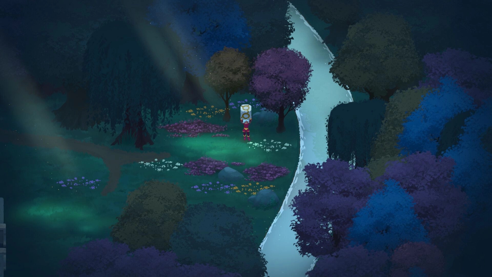 Timebound: Adventurer holds a tall rune pillar in a moonlit forest clearing beside a riverbank
