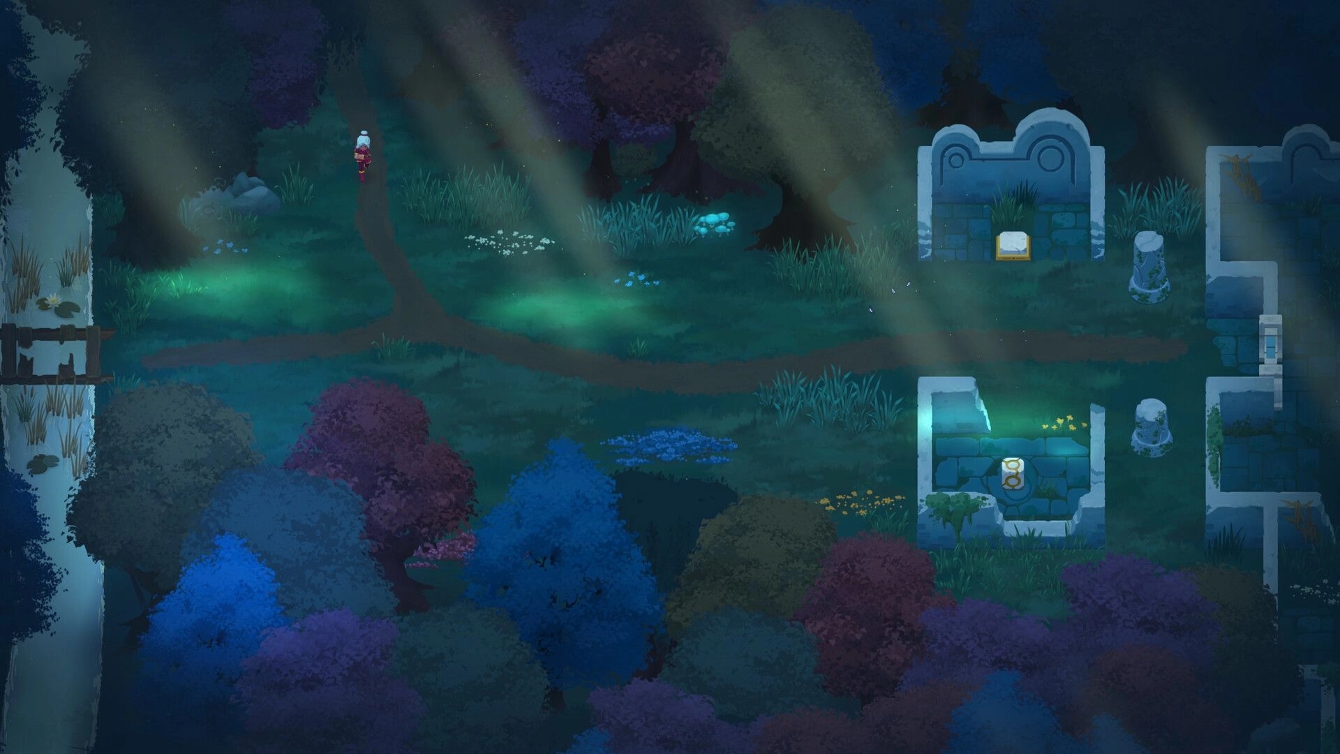 Timebound: Player character walks along forest path beside mossy stone ruins and glowing markers at night