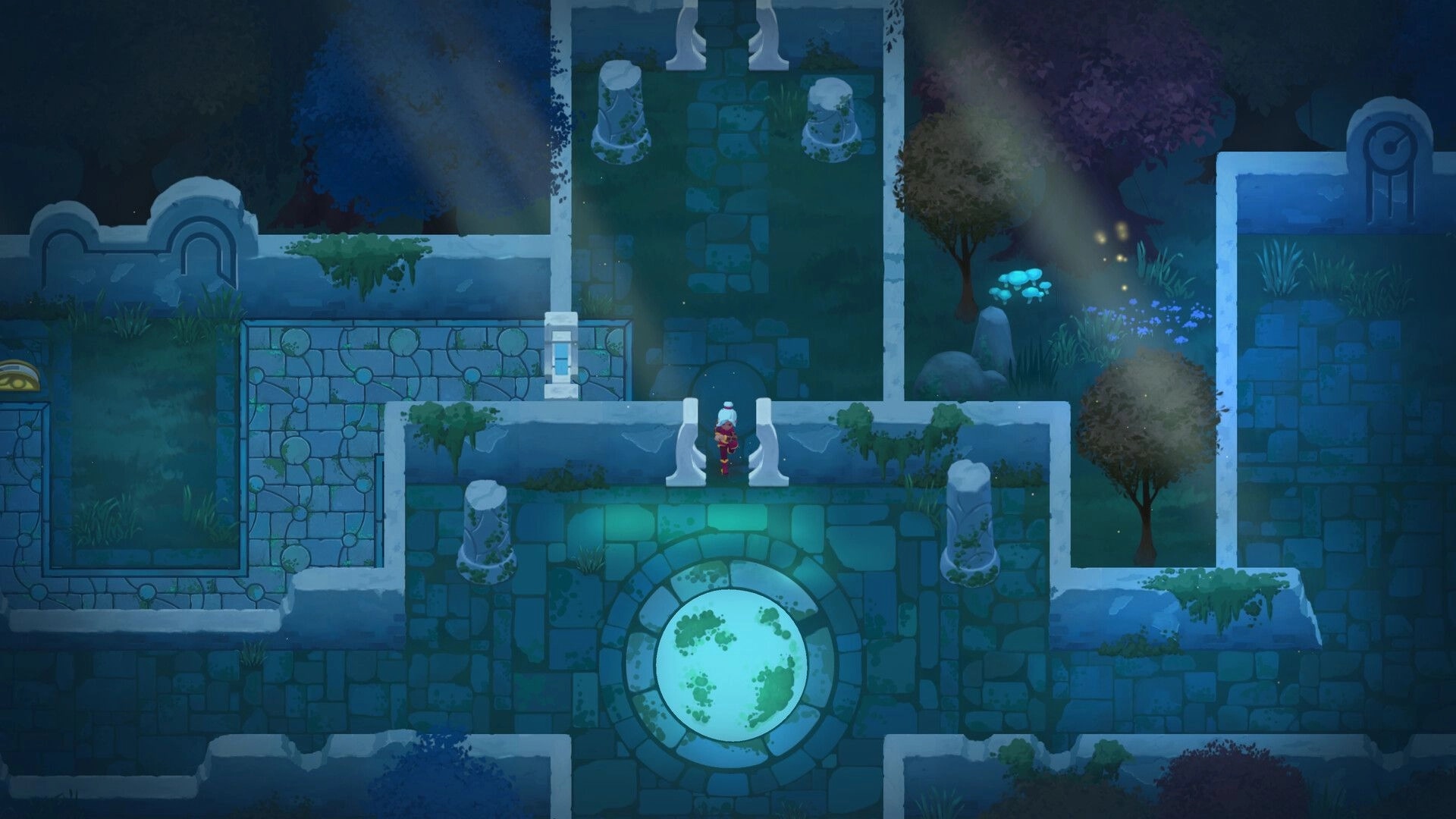 Timebound: Adventurer stands by a gate above a glowing pool in moonlit stone ruins with trees