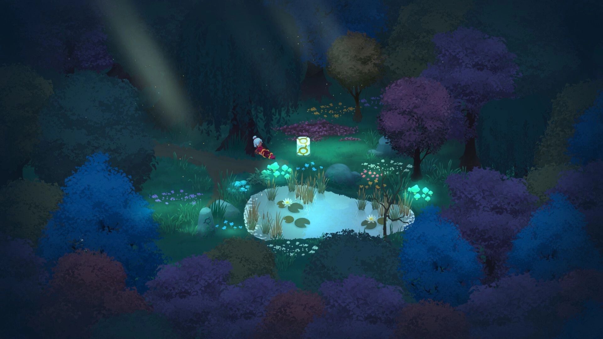Timebound: Player kneels beside a glowing hourglass tile near a pond in a moonlit forest clearing