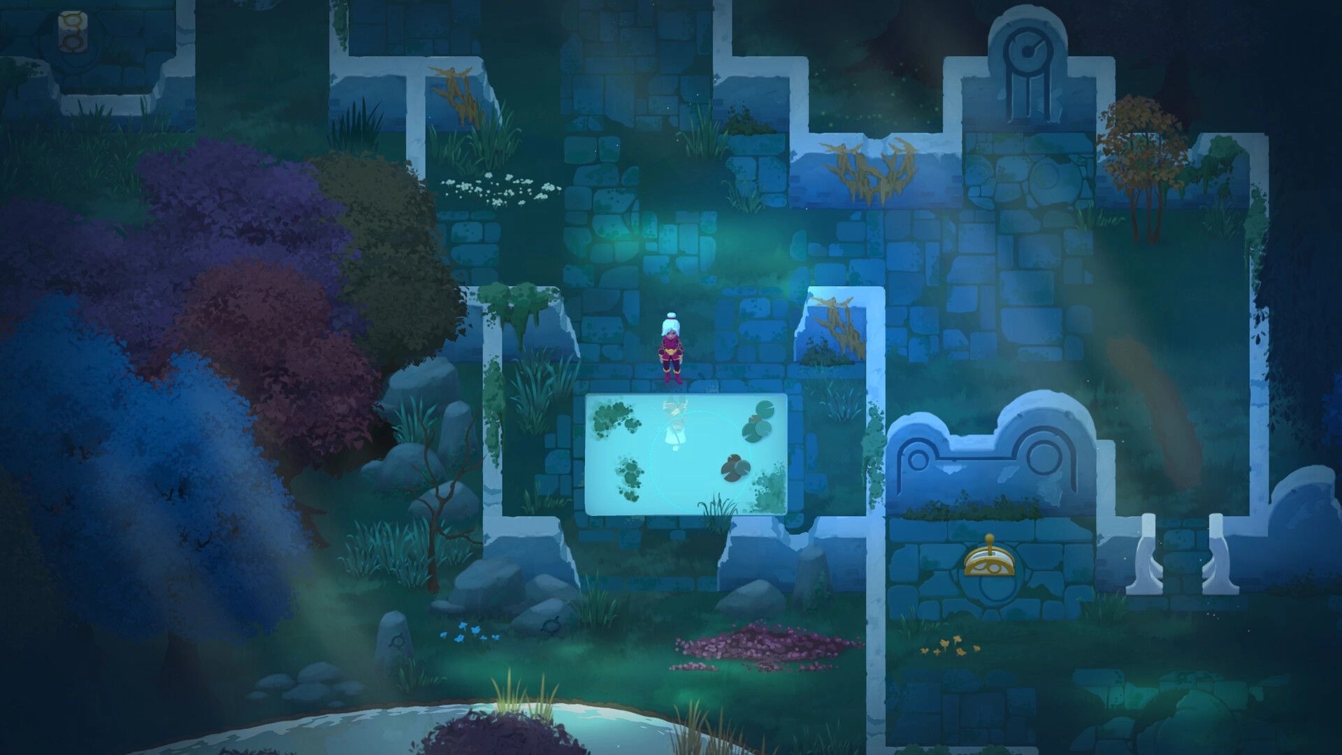 Timebound: Player stands by glowing water panel amid mossy stone corridors in moonlit ruins