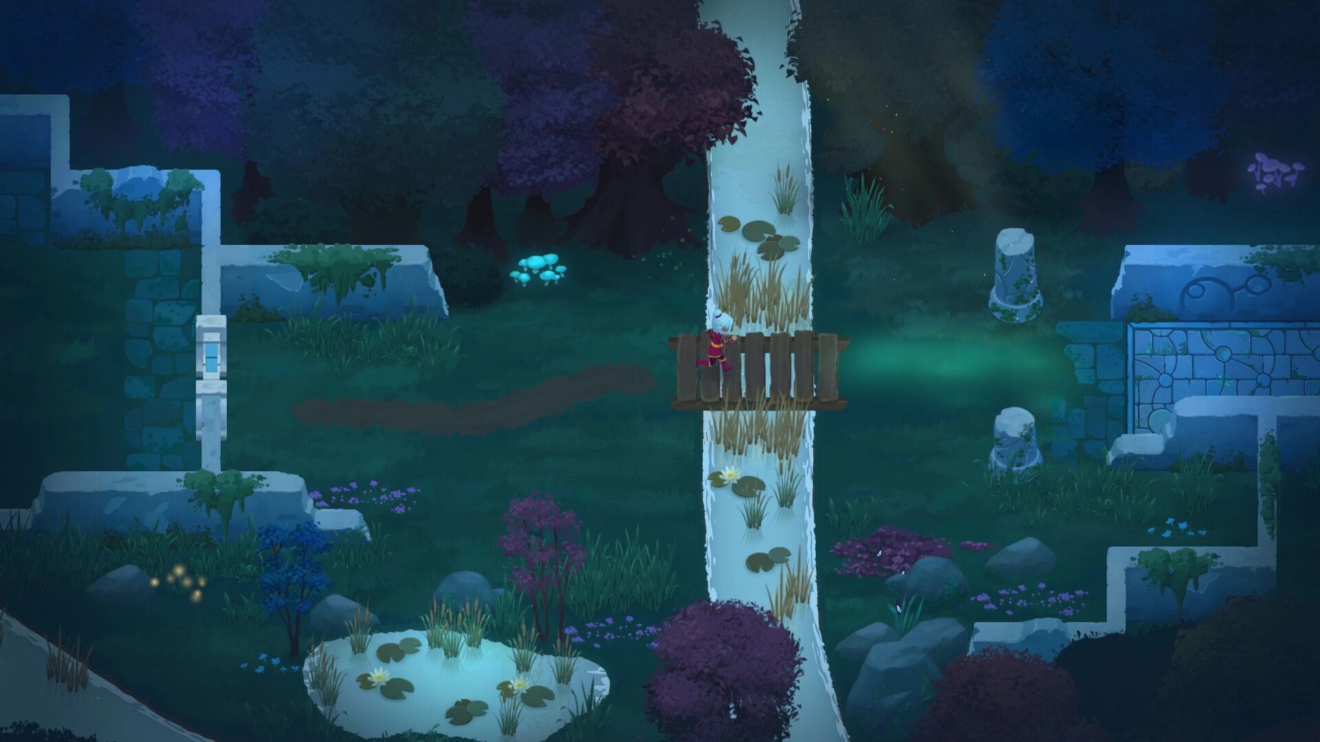 Timebound: Player character crosses a wooden bridge over a narrow stream in moonlit ruins garden