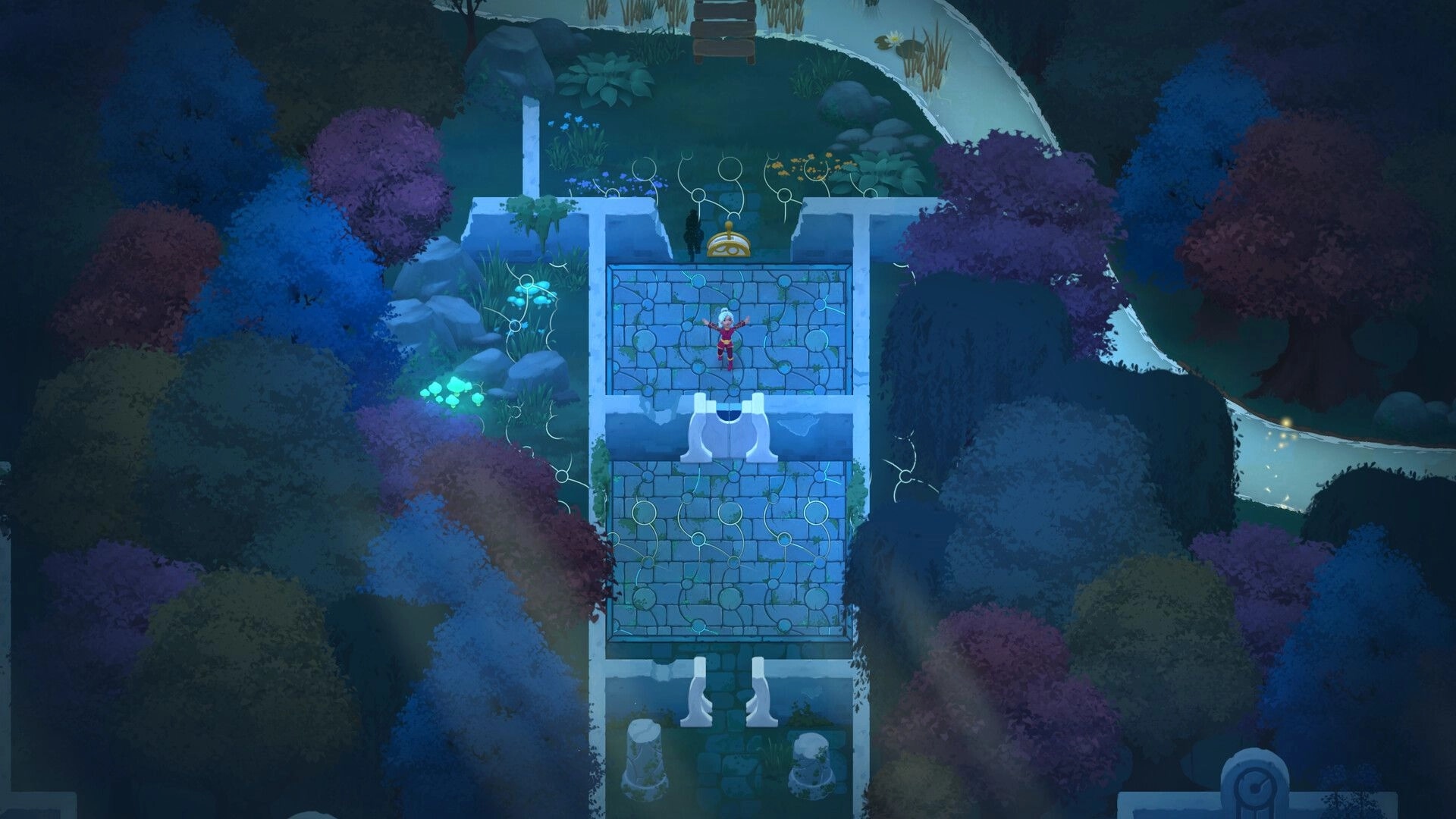 Timebound: Red-clad adventurer stands on stone bridge puzzle amid glowing vines in twilight forest ruins