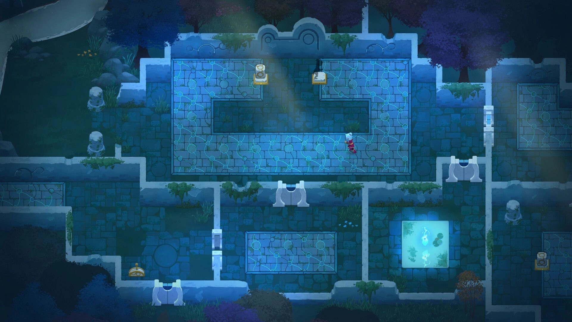 Timebound: Top-down hero explores blue-tiled ruin corridors with switches and a glowing pool chamber