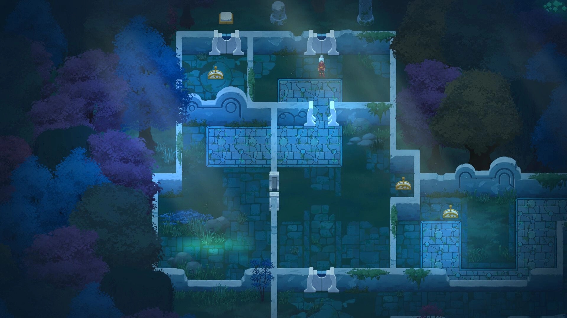 Timebound: Top-down hero on stone platform amid blue ruins with gate arches and forest shadows