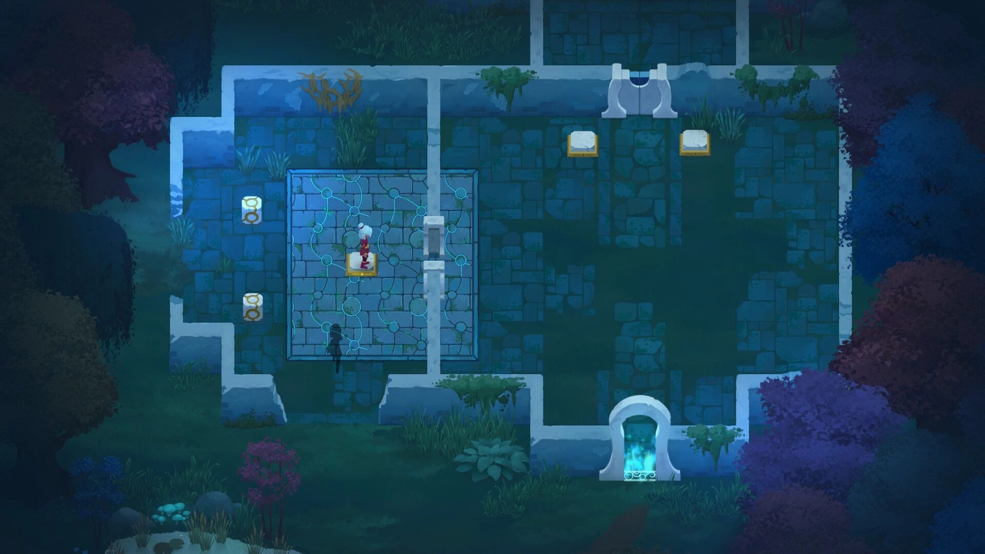 Timebound: Player stands on a glowing tile puzzle grid in mossy stone ruins beside a blue portal gate
