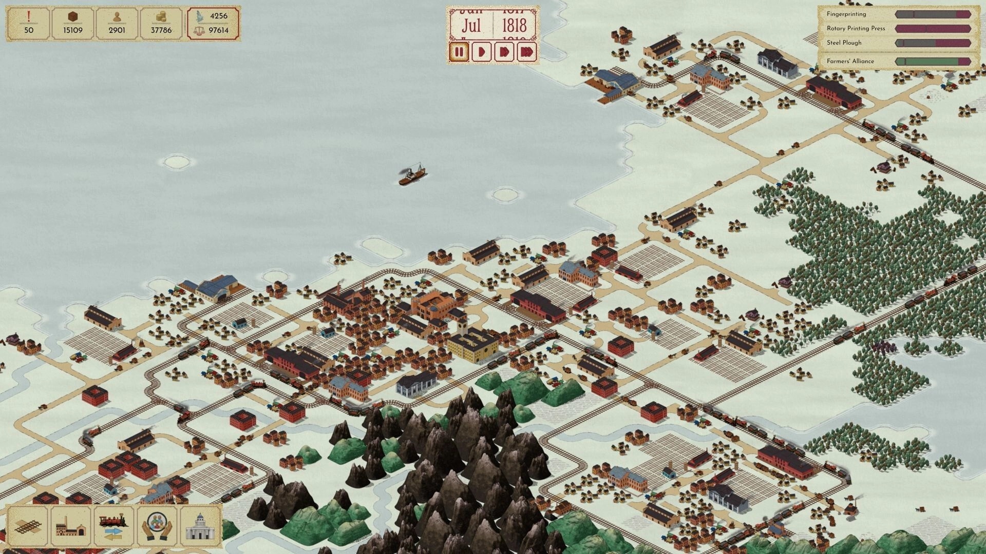 Times of Progress: City overview with rail lines and factories on snowy coast, date and research UI visible.