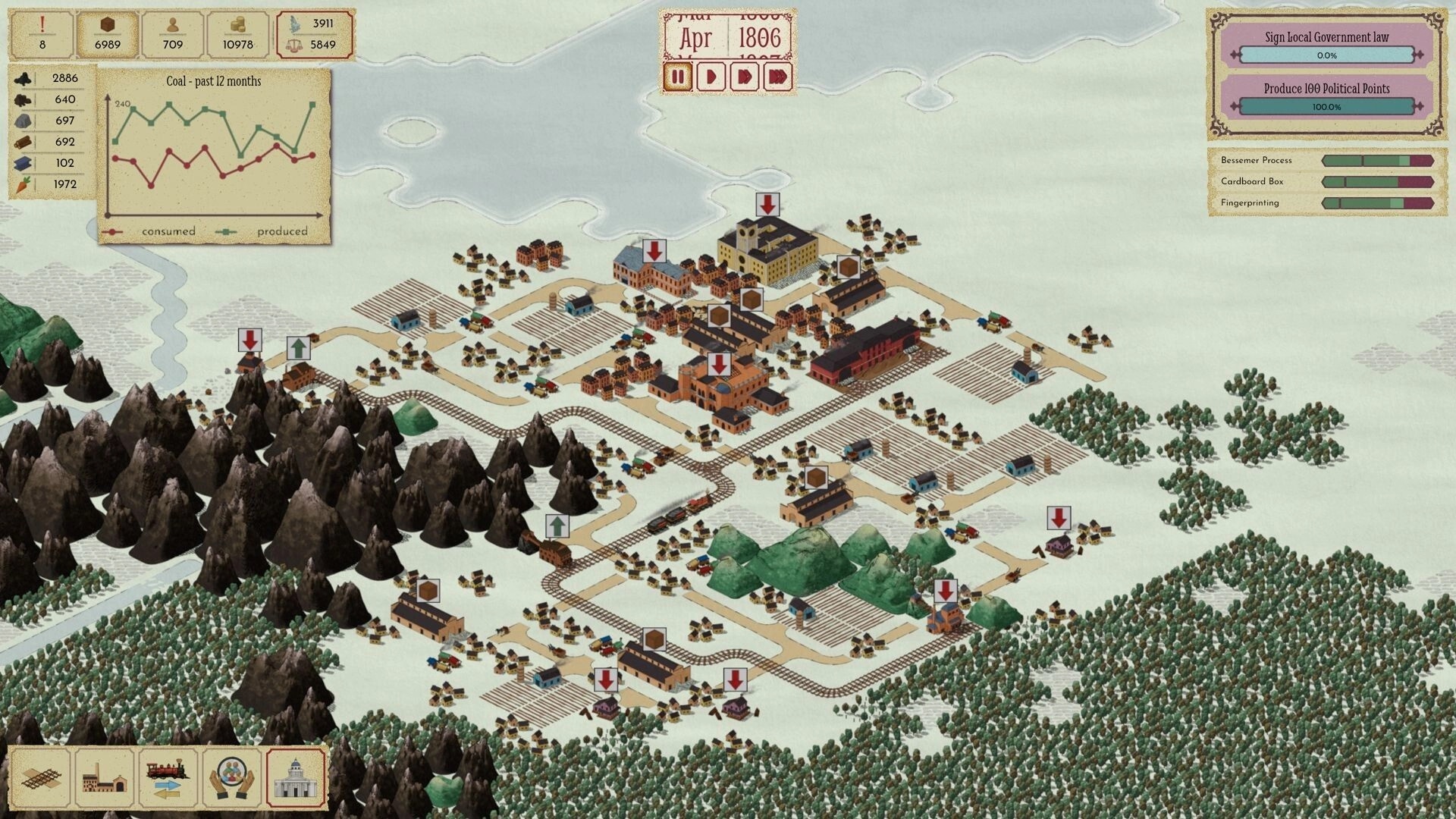 Times of Progress: Town overview with rail lines, factories, farms and coal graph UI on snowy map.