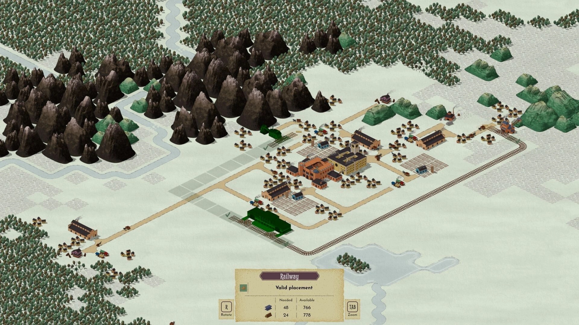 Times of Progress: Railway placement mode over a town map with tracks, roads, mountains, and forests.
