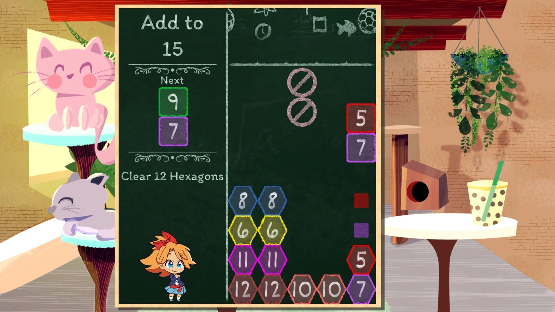 Times Trials: Puzzle board with falling number hexagons, character, and goal to add numbers to 15