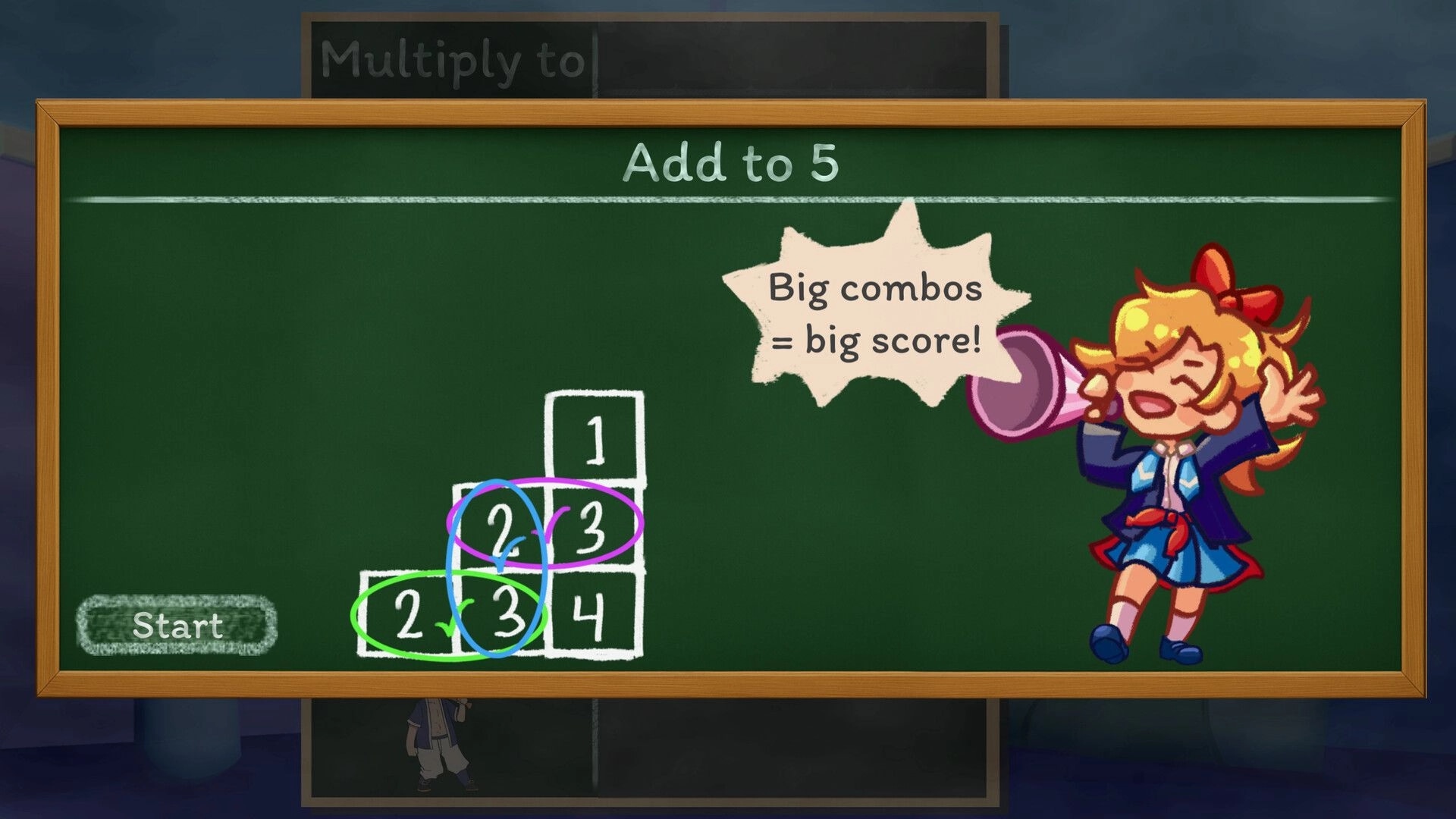 Times Trials: Character cheers beside blackboard with numbered blocks and "Add to 5" challenge