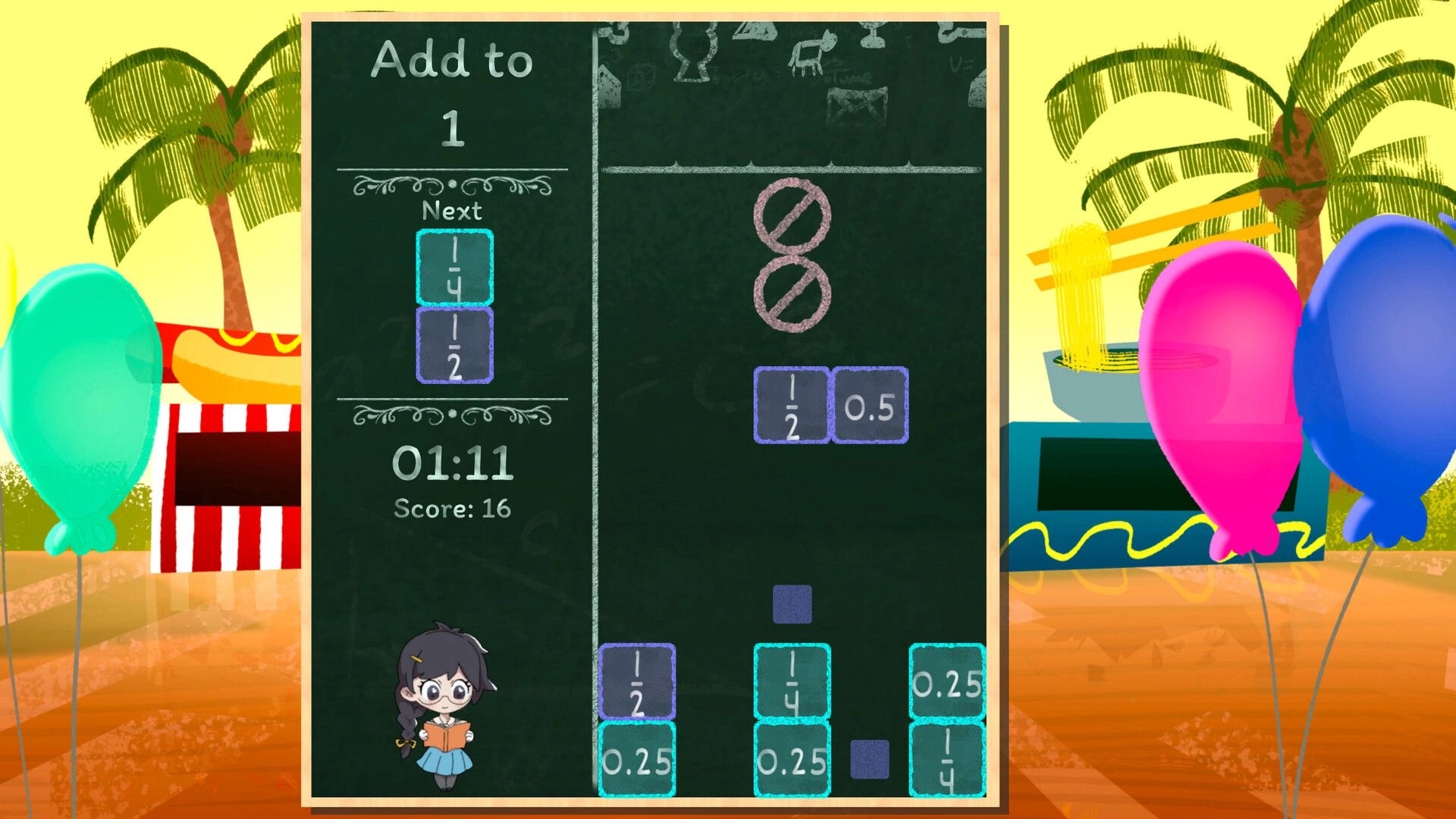 Times Trials: Blocks with fractions fall to solve equations on chalkboard, colorful fairground setting.