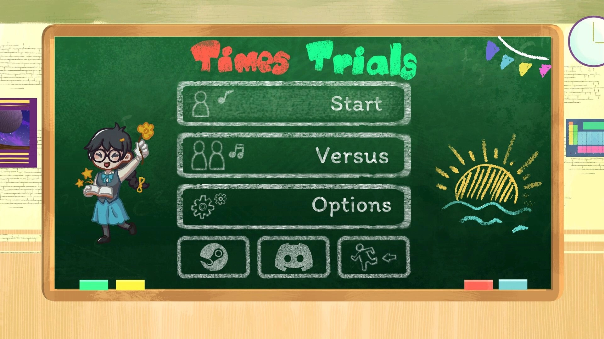Times Trials: Main menu on chalkboard with Start, Versus, and Options buttons; character reading book