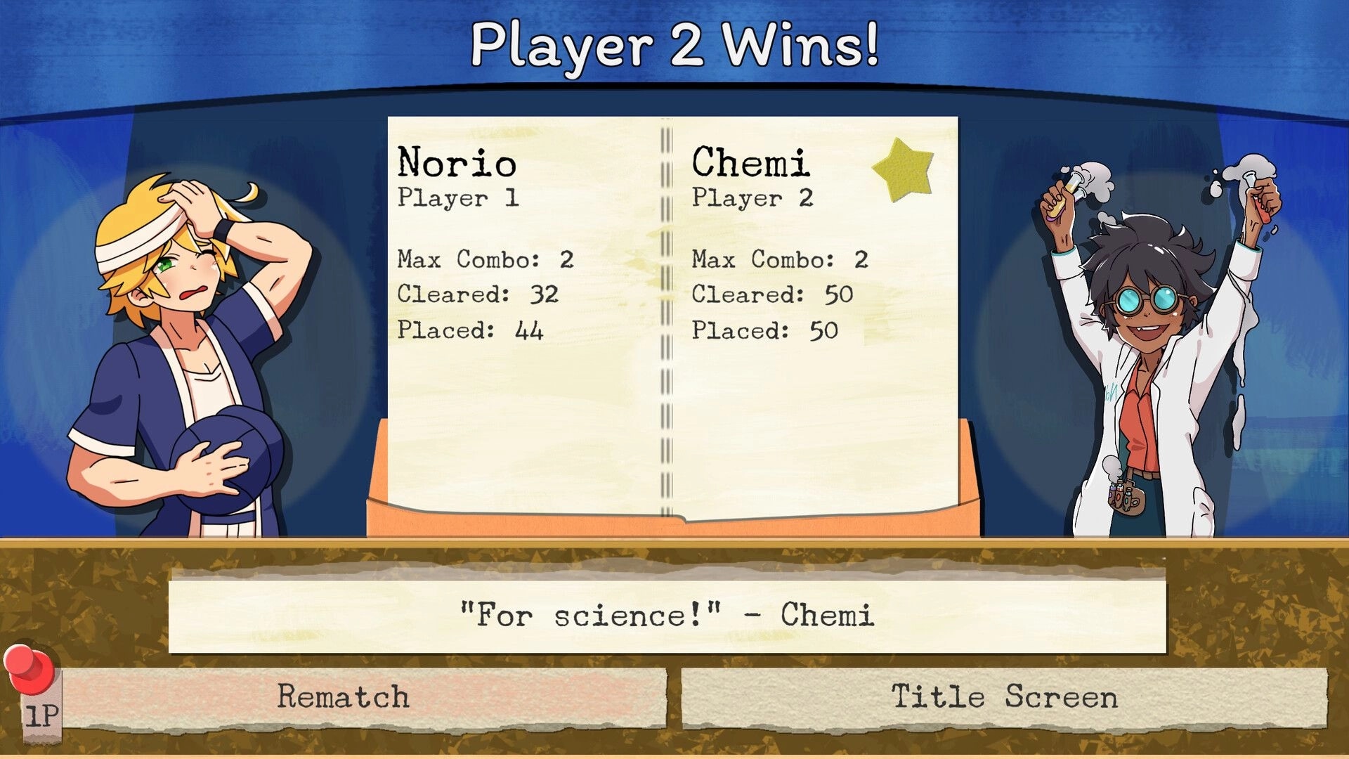 Times Trials: Victory screen with Chemi celebrating win, Norio disappointed, and match stats displayed