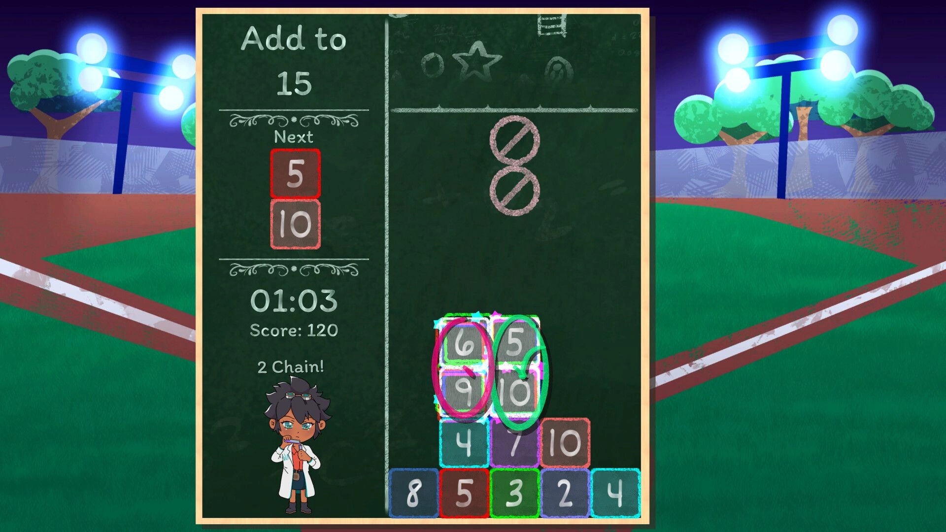 Times Trials: Character in lab coat solving number puzzle on chalkboard with baseball field background