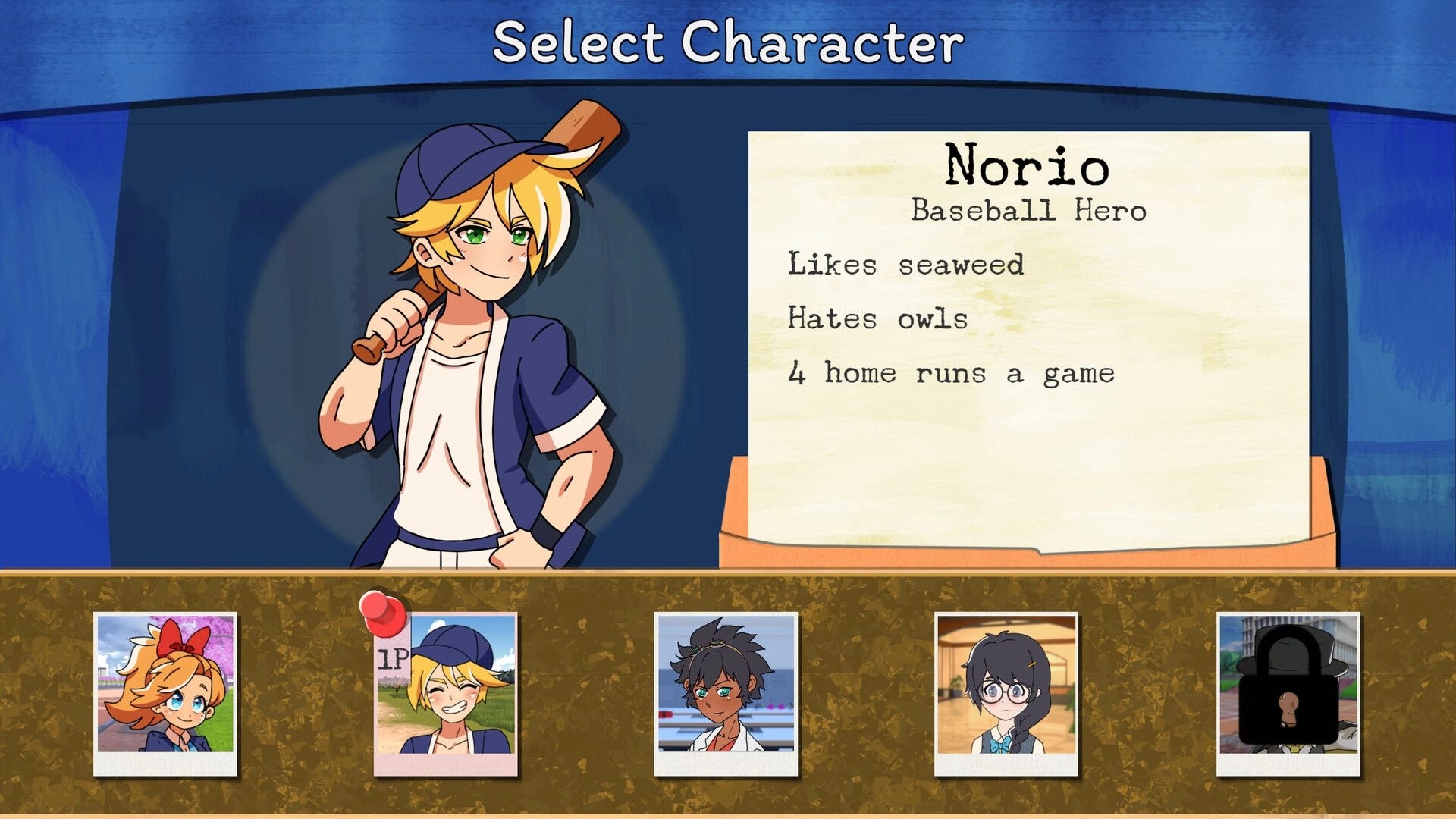 Times Trials: Character selection screen featuring Norio, the Baseball Hero, with four portraits below.
