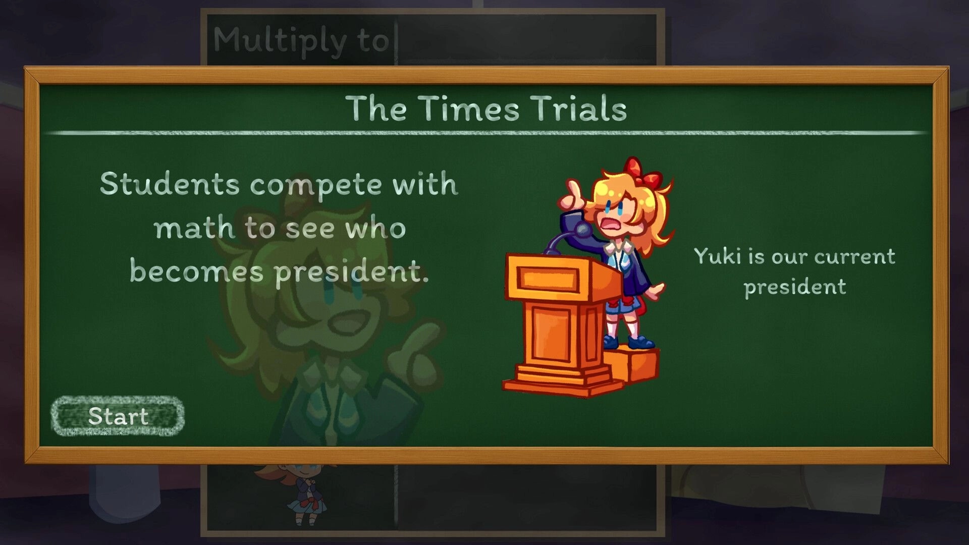 Times Trials: Yuki standing at podium on chalkboard, students compete in math to become president.